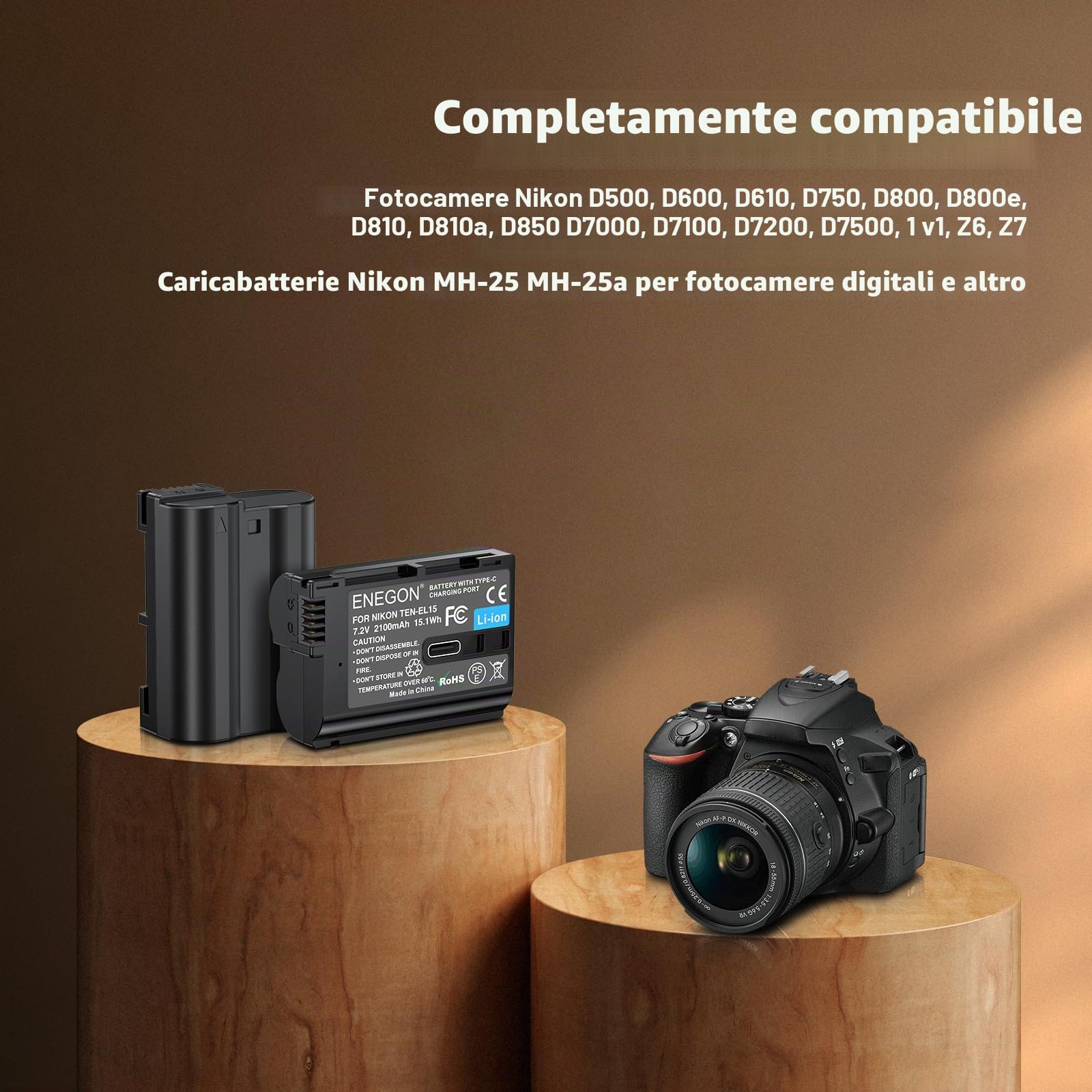 ENEGON EN-EL15/EL15c Batteria di ricambio USB-C a carica diretta 2100 mAh,per Nikon EN-EL15,compatibile con Nikon D7100, D750, D7000, D7200, D600, D610, D880, D810 D800 Z5 Z6 Z7