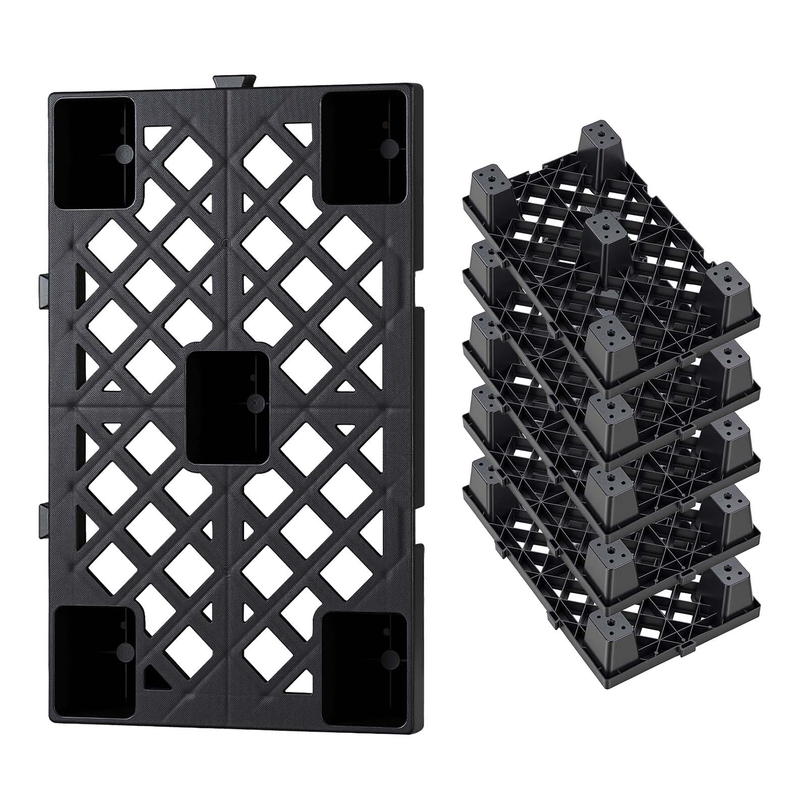 VEVOR Palettes en Plastique Emboîtables Lot de 6, Palettes de Sol Empilables, avec Grille Respirante et Pieds de Support, Résistantes à l'Humidité, pour Sous-Sol Garage Entrepôt, 500x305x100 mm, Noir