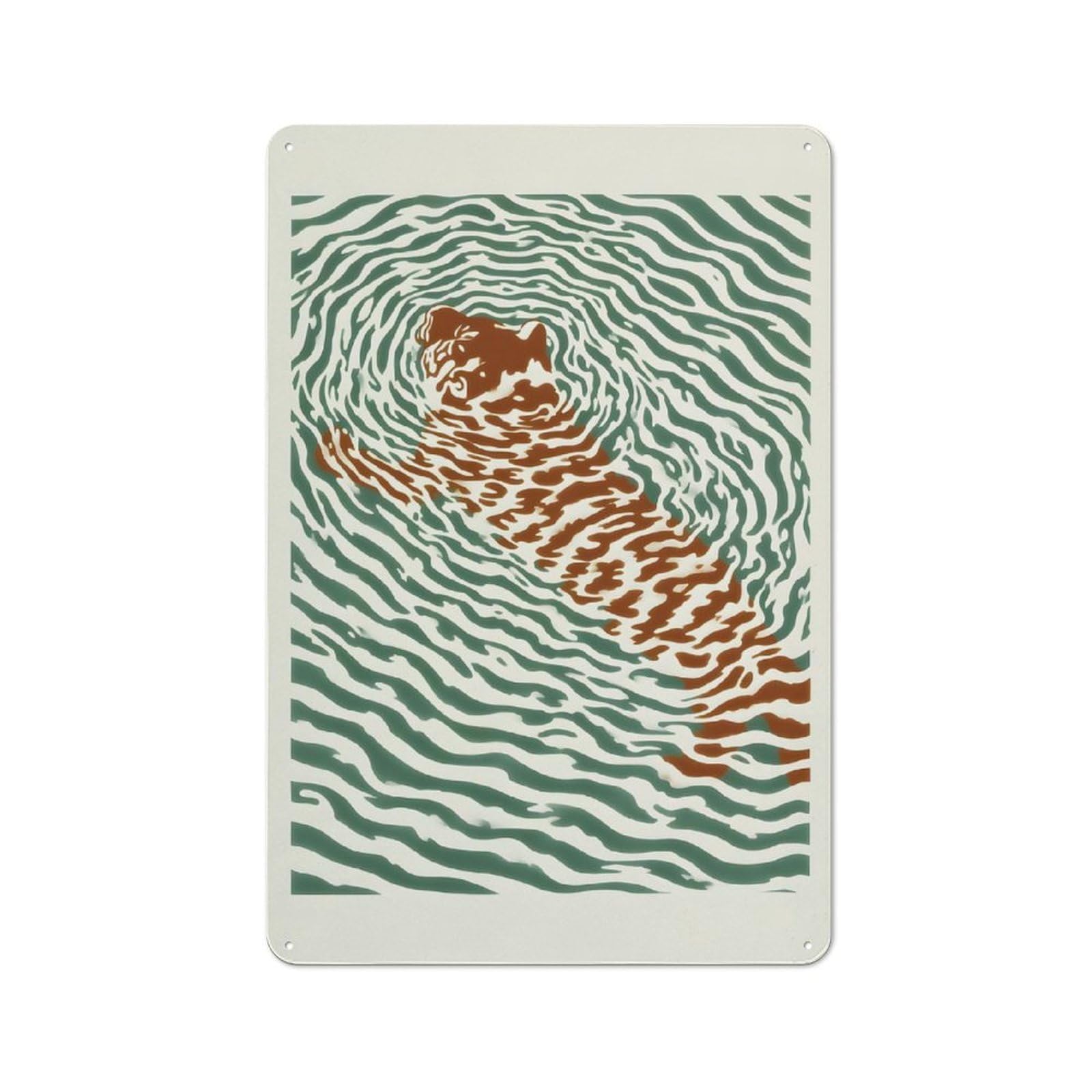 Junmoney Style-24 Tiger Swimming In Water Illustration Vintage Metal Sign 30X20cm For Lounge Or Reading Corner, For Garage, Workshop And Man Cave Decoration