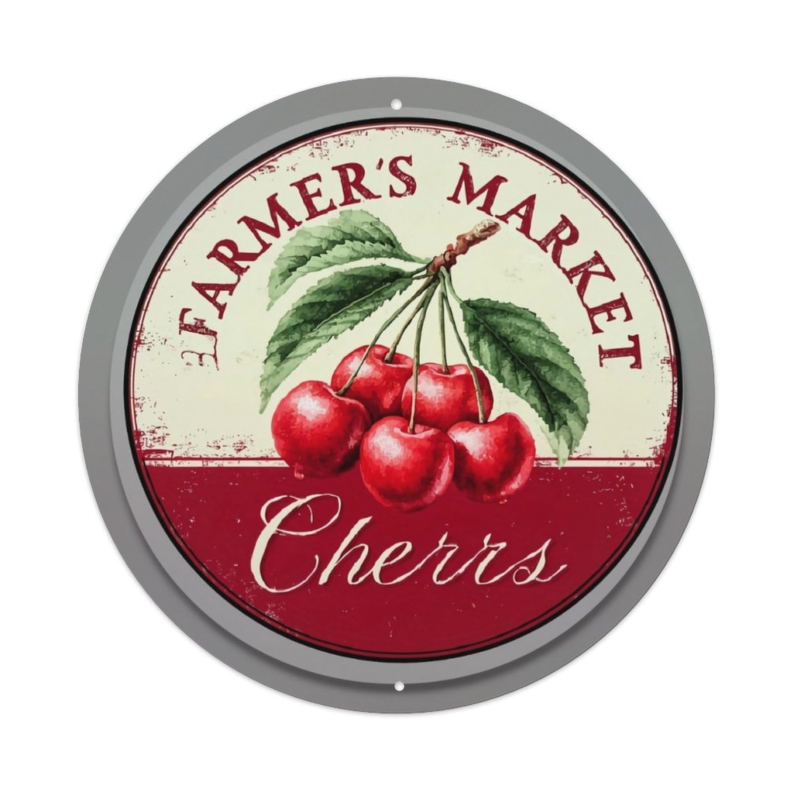 Farmer's Market Cherries Vintage Round Tin Sign Retro Metal Wall Decor Metal Poster, Home Bar Garage Cafe Wall Art Decoration 8x8Inches