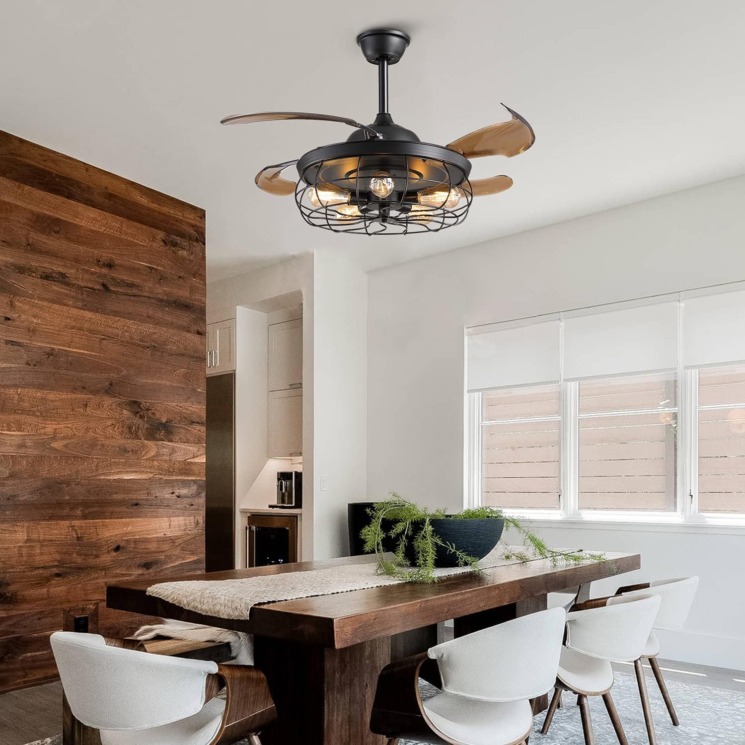 One-Day Sale: Up to 40% Off APBEAMLighting Industrial Ceiling Fan Light Vintage Retractable Fandelier Reverse Fan Chandelier with Remote Control for Living Dining Room Bedroom Black 42 Inches 5 Lights 4 Fan Blades
