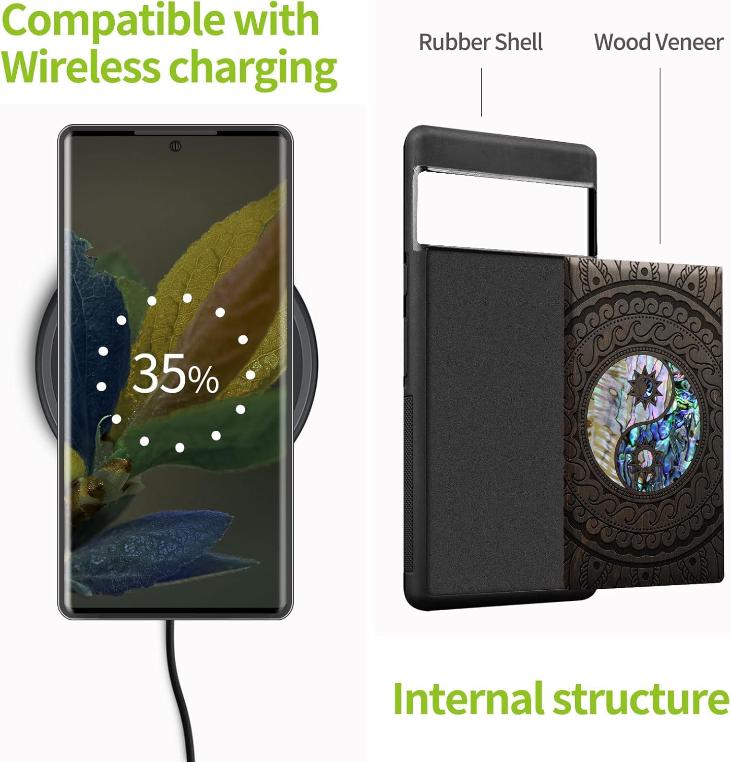 Carveit Designer Wooden Case for Google Pixel 7 Pro Case [Wood Engraving & Shell Inlay] Compatible with Wireless Chargers Pixel 7 Pro (Yin Yang Paisley-Blackwood)