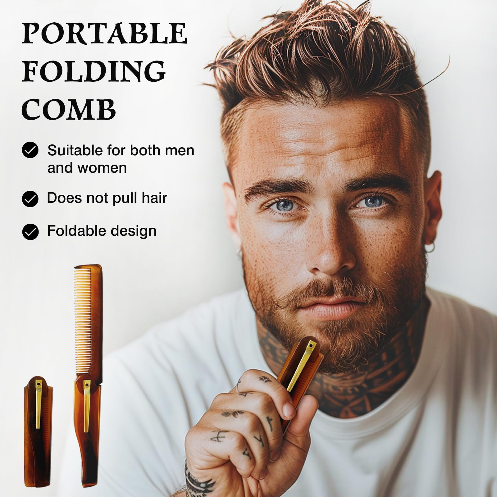 Men's Handmade Folding Pocket Comb, 6.69-Inch Amber Finish, Fine Tooth Comb for Hair, Beard, and Mustache Grooming