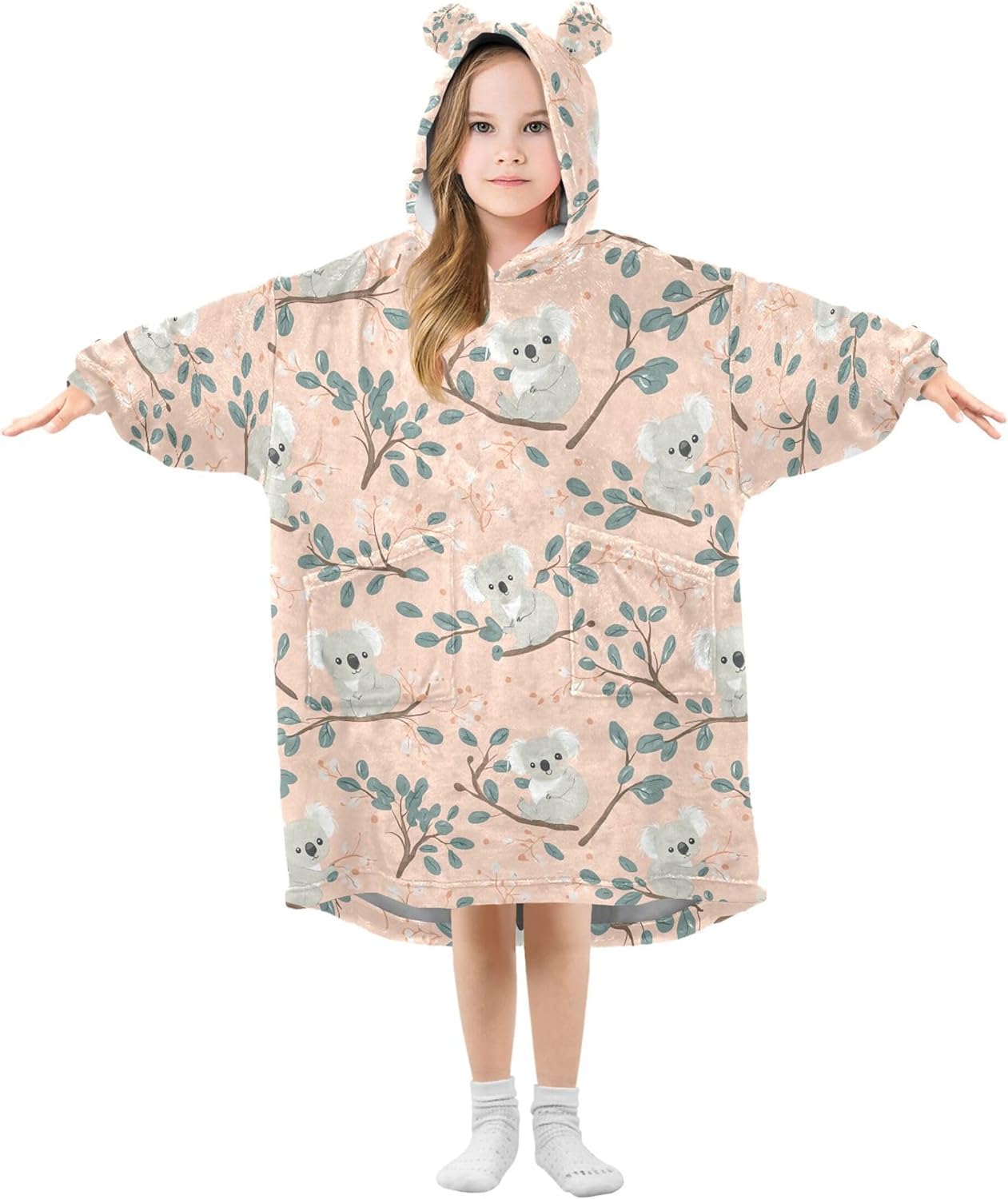 Cute Koala Kids Wearable Blanket Hoodie with Pocket and Sleeves for Toddlers, Cute Hoodies Girls Boys B0404137