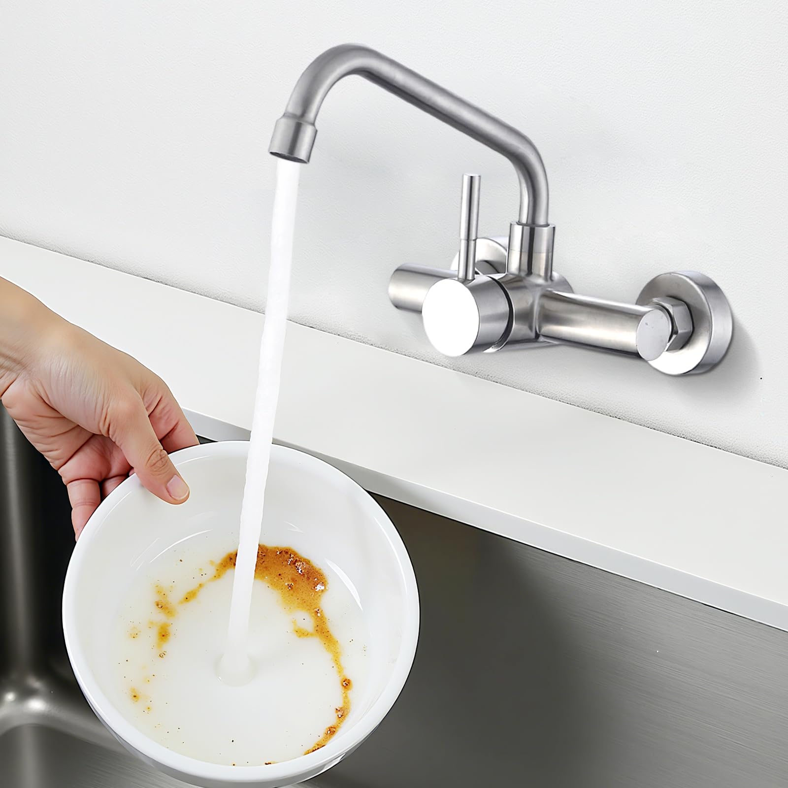 Grifo Cocina de Pared, Grifería de Fregadero Giratorio a 360​°, Grifo de Acero Inoxidable 304 Agua Fría Y Caliente para Fregaderos, Lavabos