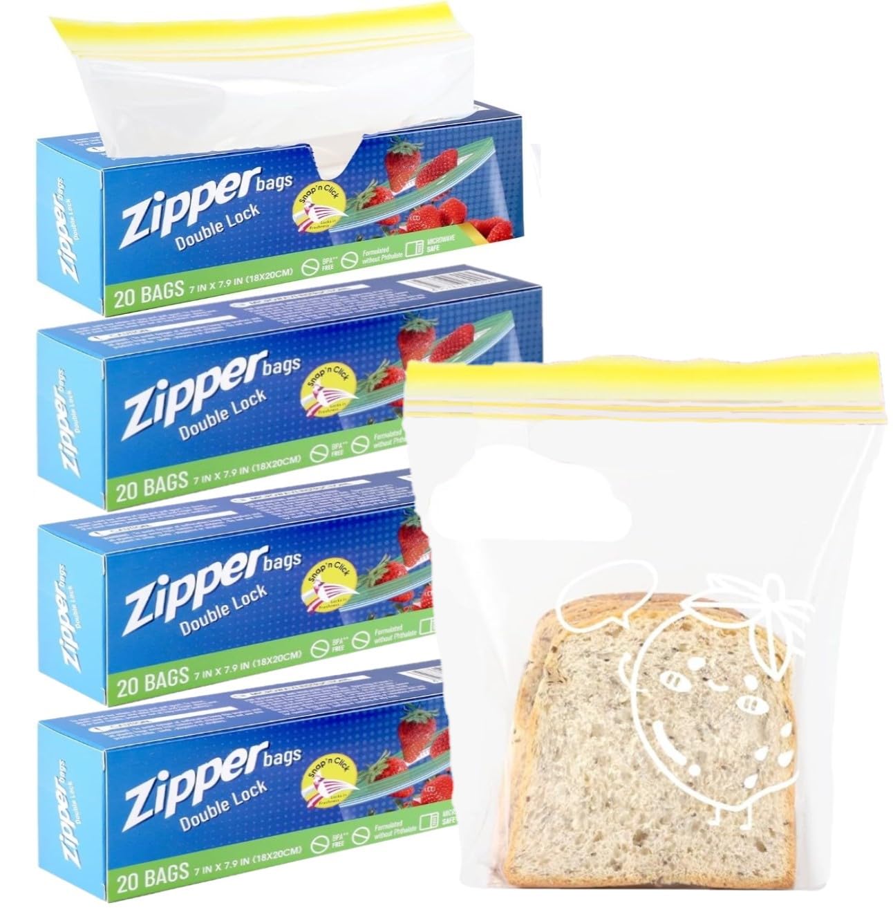 Kaheign Medium 80Pcs Food Storage Freezer Bags, Double Seal Zip Lock Bags Reusable Sandwich Bags Heavy Duty Widen Bottom Food Bags For Fruits Veggies Meat Soups Snacks (Blue, 18Cm X 20Cm)