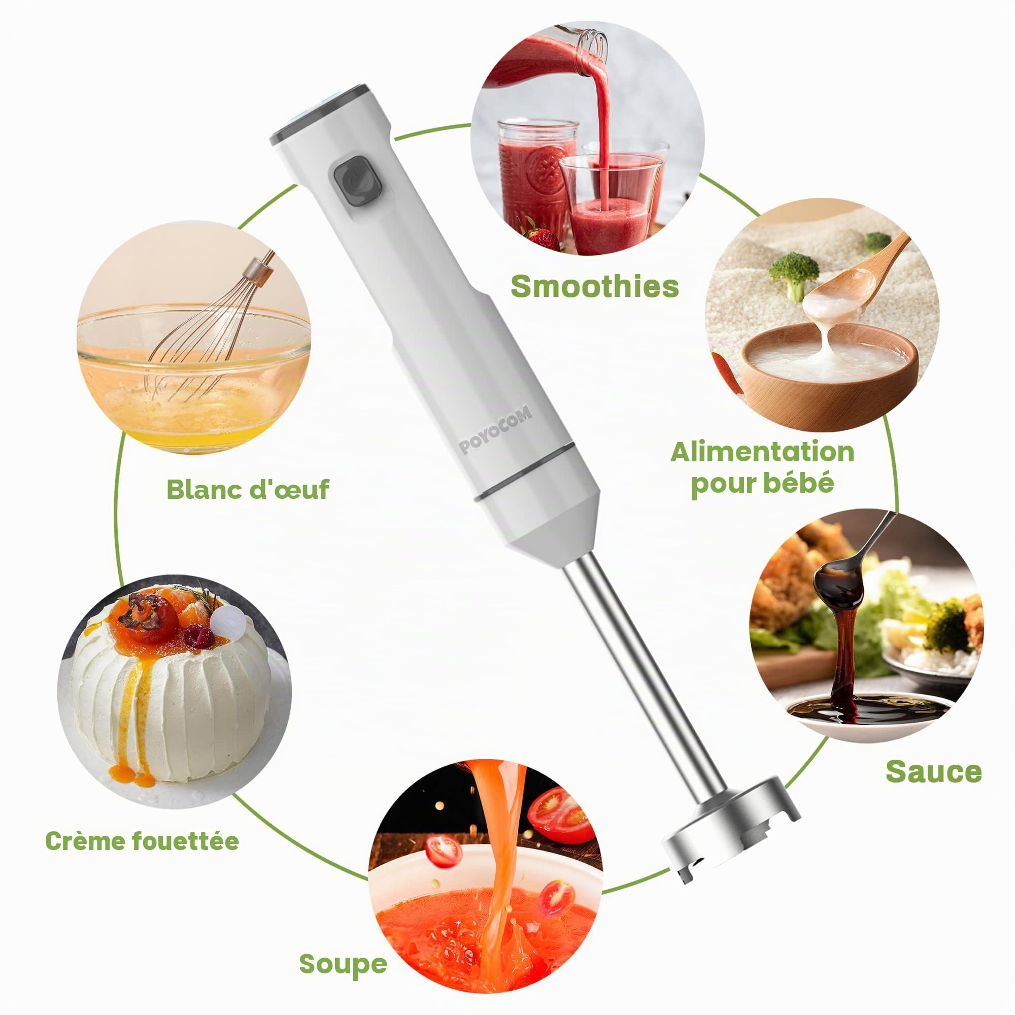 Mixeur plongeant sans fil, mixeur à immersion rechargeable, avec câble de type C, fouet à œufs, hachoir de 500 ml, récipient de 600 ml pour smoothies, milkshakes, sauces et soupes – Blanc
