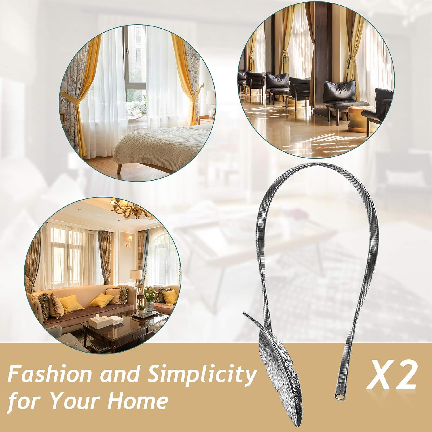 4Pack Curtain Tiebacks Aluminum Alloy Spring Design Curtain Holdback Leaf Carving Design Curtain Ties for Drapes Curtain Ties Backs Curtain Modern Simple Style Curtain Holdback Decor (Sliver Feather) image 3