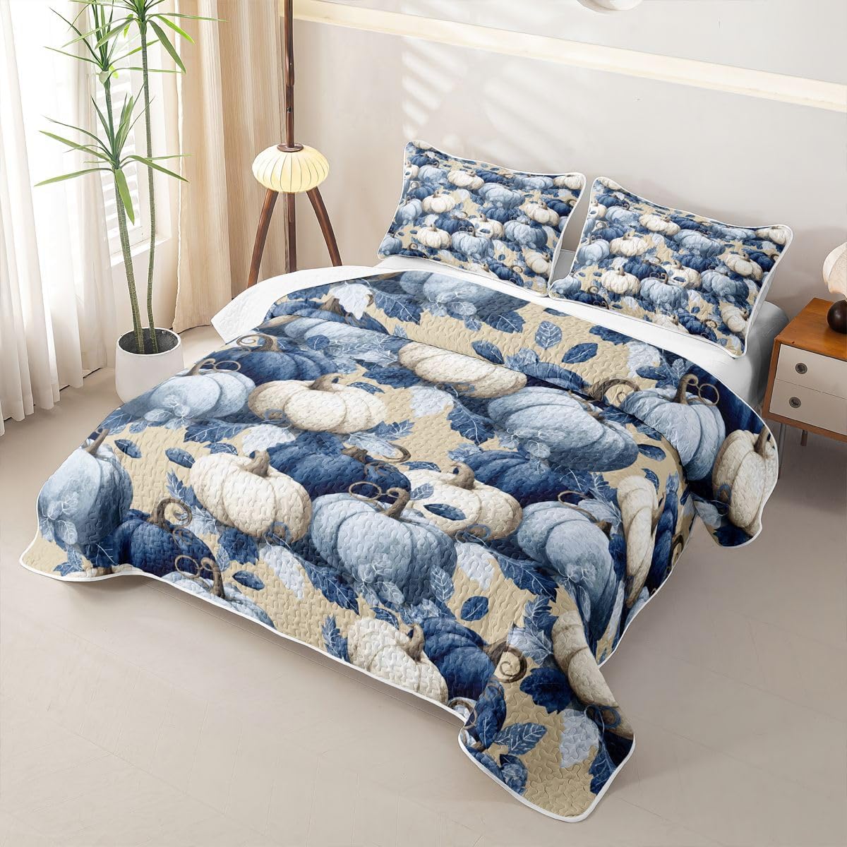 Manfei Fall Pumpkin Quilted Bedspread King Size,Watercolor Autumn Leaves Quilt Bedding Set 3 Pieces,Vintage Autumn Farmhouse Bed Covers for All Season,Blue Cream Quilted Coverlet,2 Pillowcases