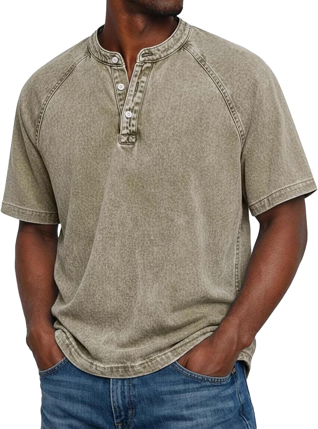 Mens Distressed Henley Shirts Summer Big and Tall Short Sleeve Casual Button Up Washed T Shirts Streetwear Shirt