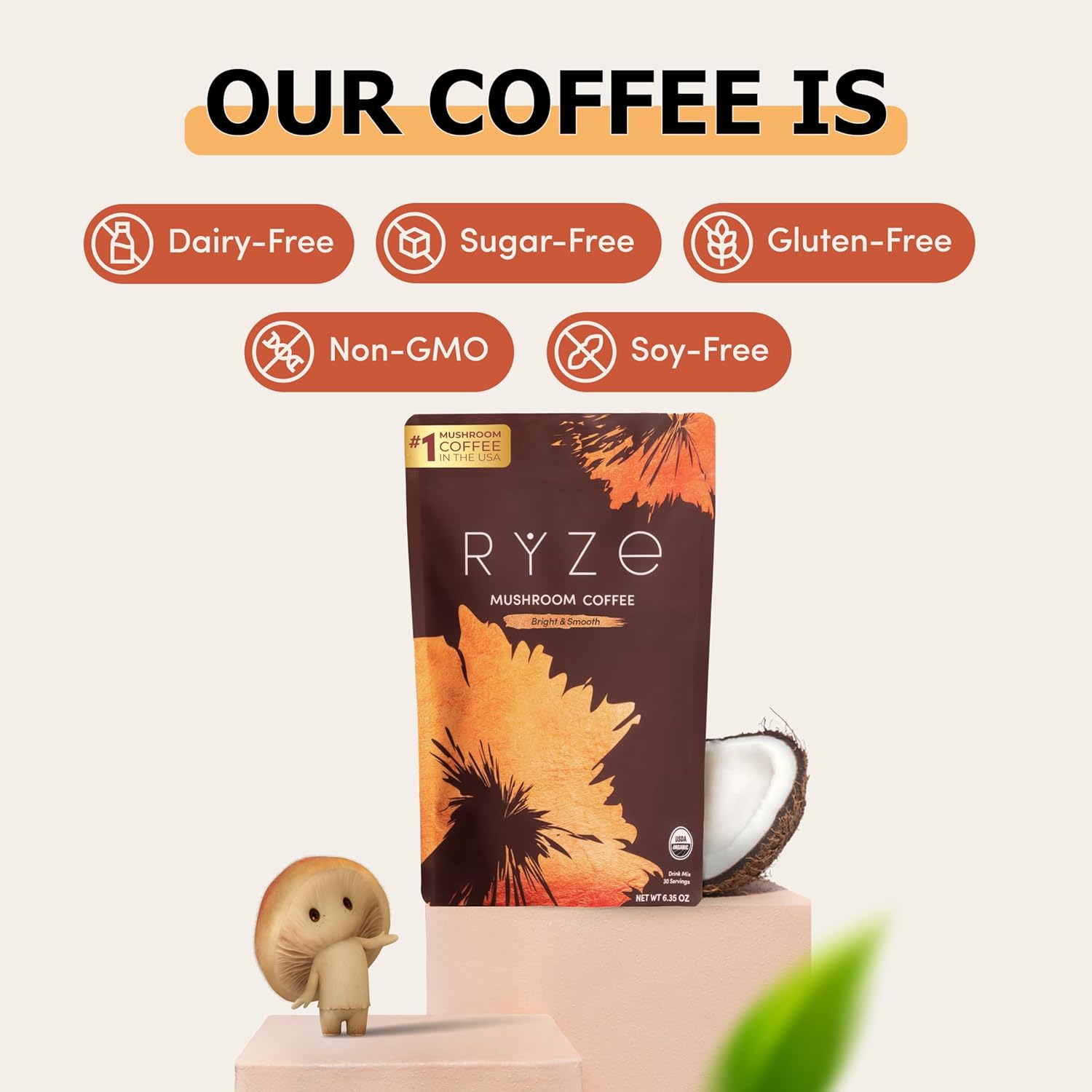 RYZE SUPERFOODS Mushroom Medium Roast Coffee Starter Kit, USDA Organic Instant Coffee with 6 Adaptogenic Mushrooms and for Energy, Focus, Digestion, Immunity with Lions Mane & Turkey Tail 60 Serving