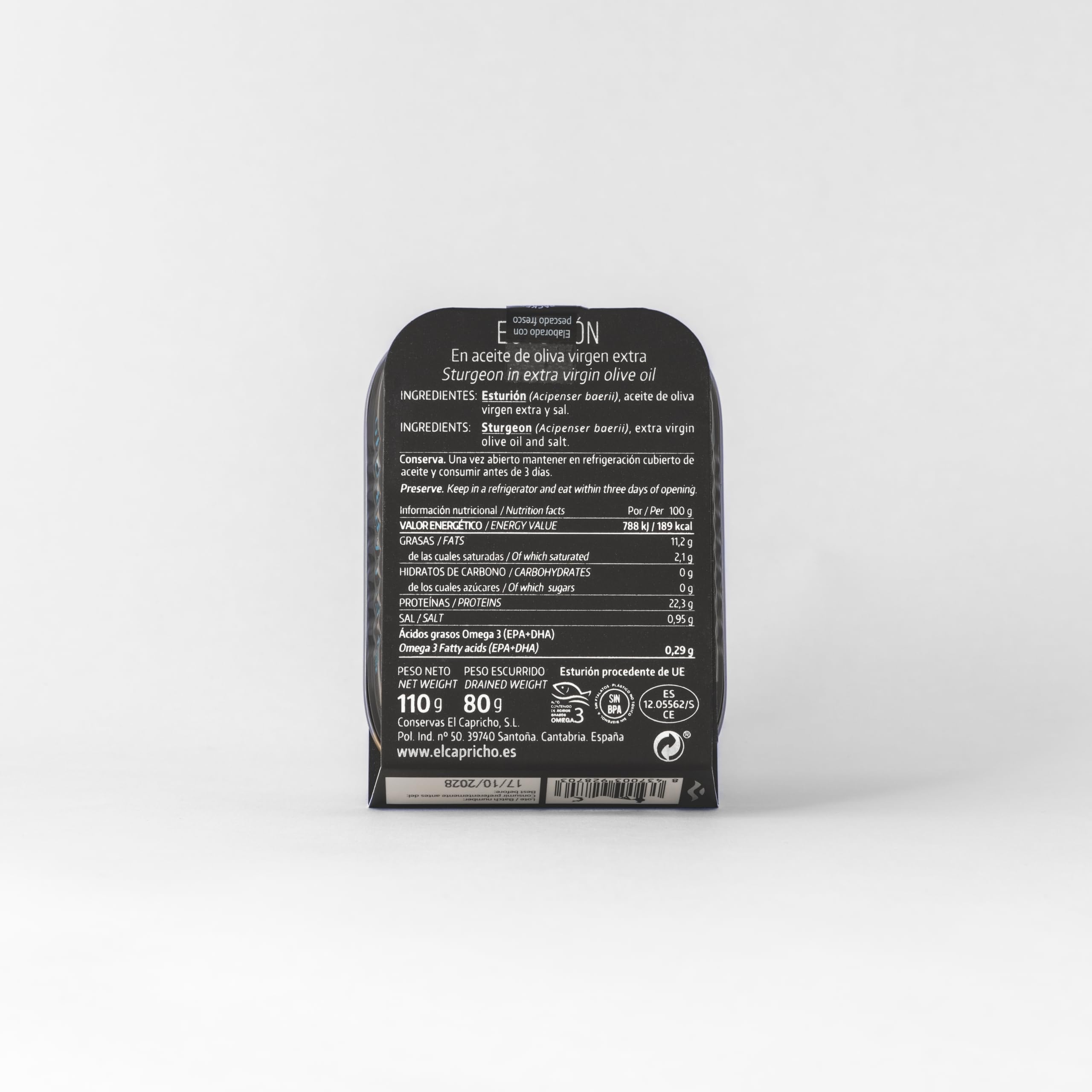 EL CAPRICHO, Santoña, Esturión, Aceite de Oliva Virgen Extra, Peso: 110 g Neto, 80 g Escurrido (Pack de 4)
