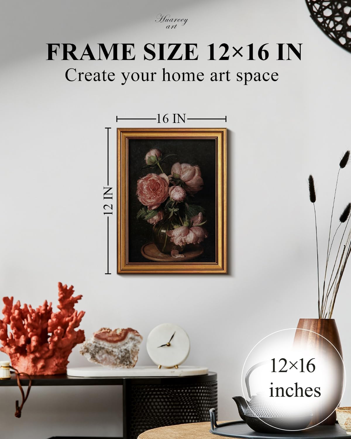 HUARCEY Framed Canvas Wall Art Prints, Bathroom Shelf Vintage Decor Aesthetic, Peony Floral Paintings Farmhouse Wall Decor, Retro Table Desk Decoration for Bedroom Living Room, 12x16Inch