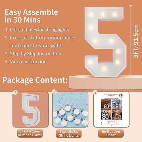 Miniatura 5 de Letras de números iluminados de 3 pies, números de mosaico para globos, globo de mosaico gigante número 5 para decoraciones de cumpleaños de 15 y 25
