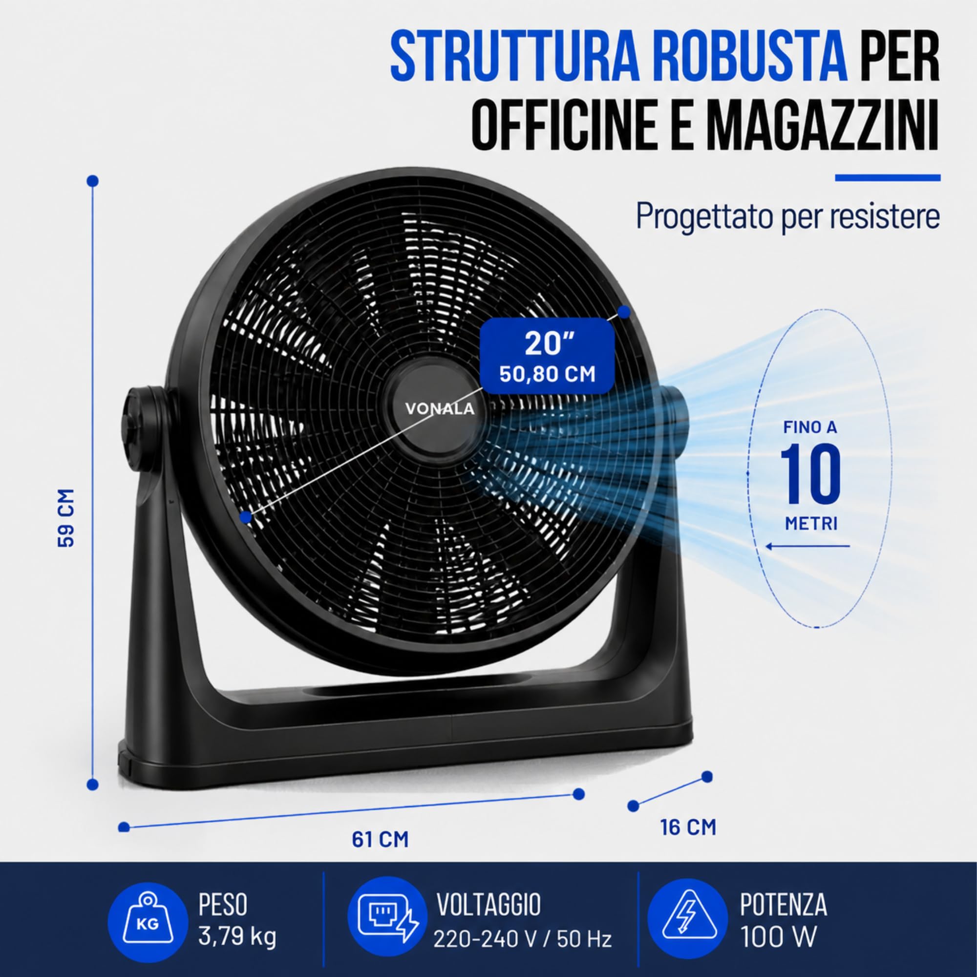 Vonala Ventilatore da pavimento e parete industriale, 100 W, potente 50 cm, silenzioso, ABS, antivibrazione, per esterni e interni, nero, potenti e silenziosi