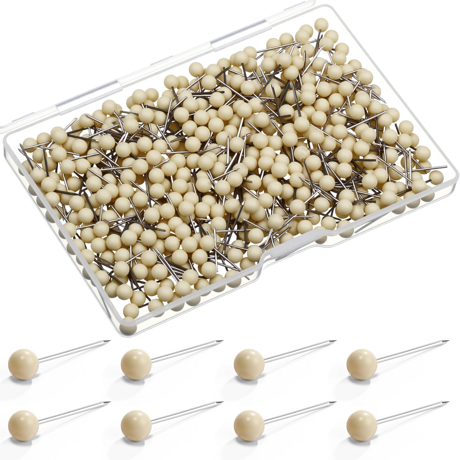 WILLBOND 500 Pack Map Push Pins Map Tacks Small Round Head Push Pins Thumb Tacks for Travel Picture Photo Bulletin Board Wall DIY Craft School Office Home(Beige,1/6 Inch)