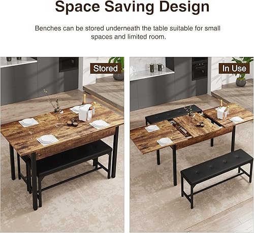 Miniatura 2 de Juego de mesa de comedor de 3 piezas para 4-8, juego de mesa de cocina con marco de metal y tablero de madera, juego de mesa de comedor extensible