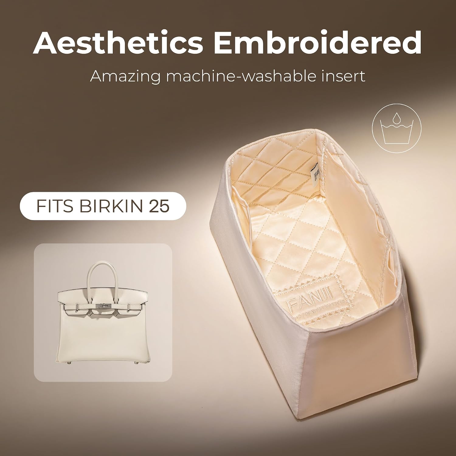 Purse Organizer Insert for HERMES Birkin 25 Handbag,Custom Perfect Fit Inside Premium Aesthetics Embroidered Lightweight Tote Bag Insert Accessories (Golden Luster Cream) image 4