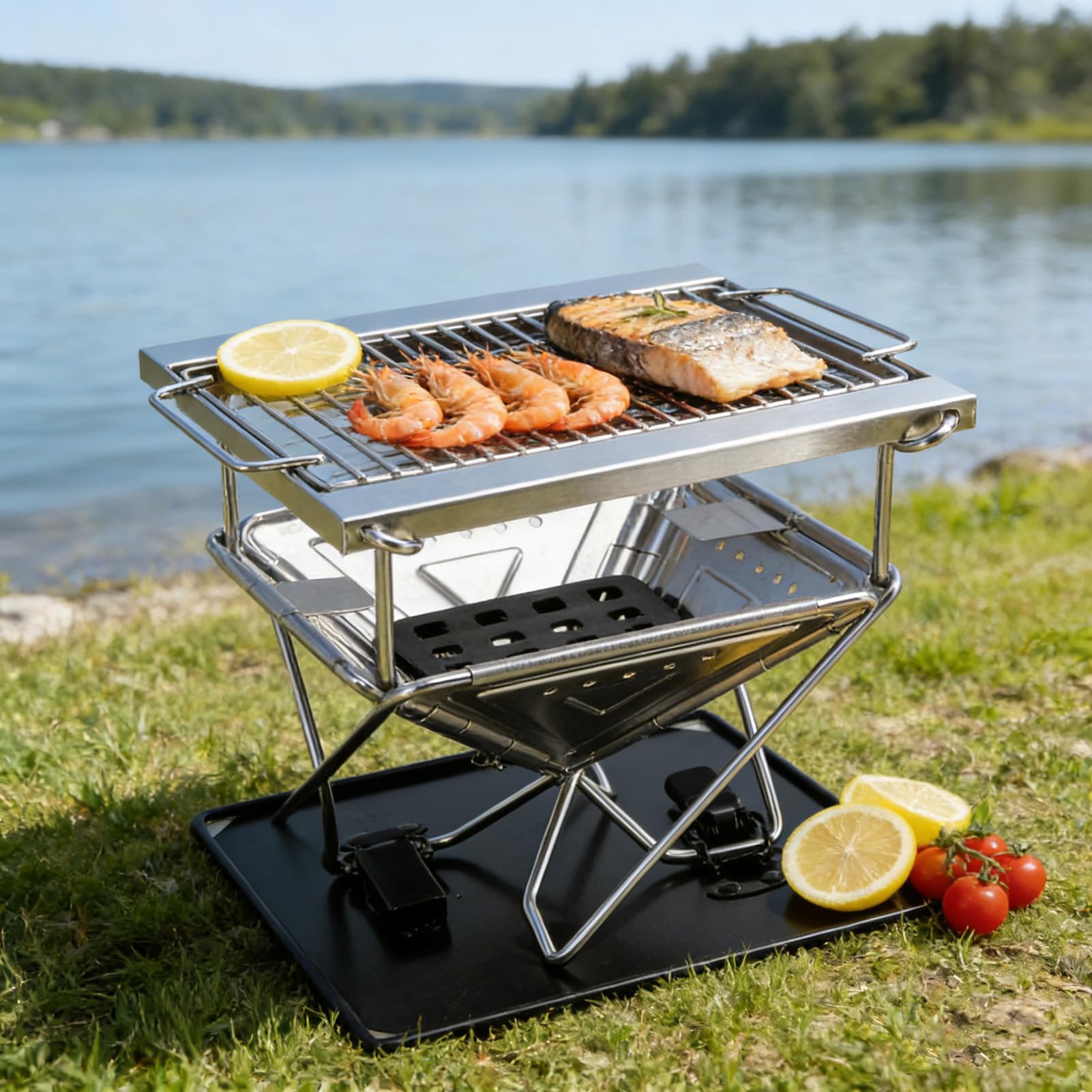 Składany Grill Węglowy, Przenośny Grill Węglowy, ze Stali Nierdzewnej z Plecakiem, z torbą transportową, wysokość 3 Poziomów do Gotowania na świeżym Powietrzu, Patio