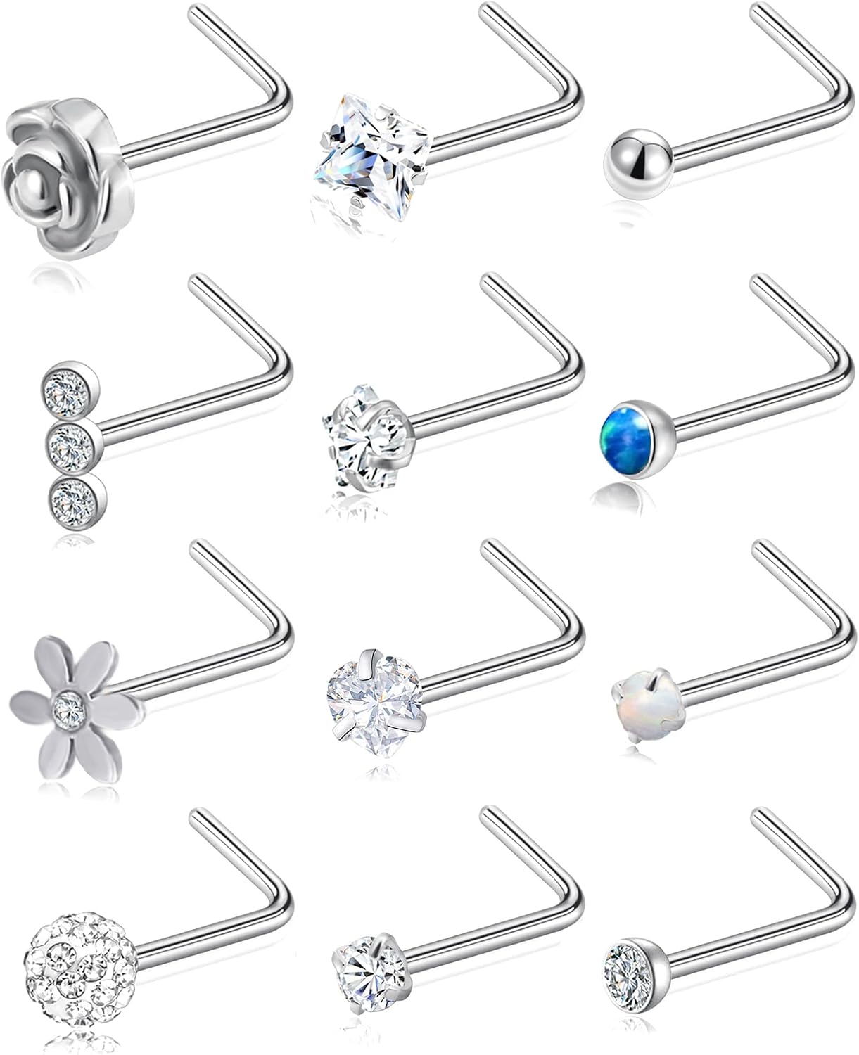 12Pcs G23 Titanium Nose Ring Studs 20G L Shaped Screw Nose Studs CZ Clay Ball Flower Human Made Opal Star Heart Pure Titanium Nostril Piercing Jewelry Set for Women Men Silver Plated