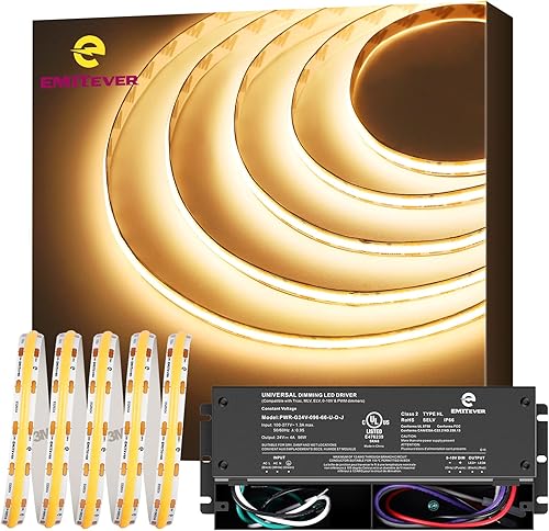 EMITEVER COB - Tira de luces LED de color blanco cálido, cinta de luz de 3000 K de alta densidad, CC 24 V, 300 lúmenespie, 480 LEDsM, 3600