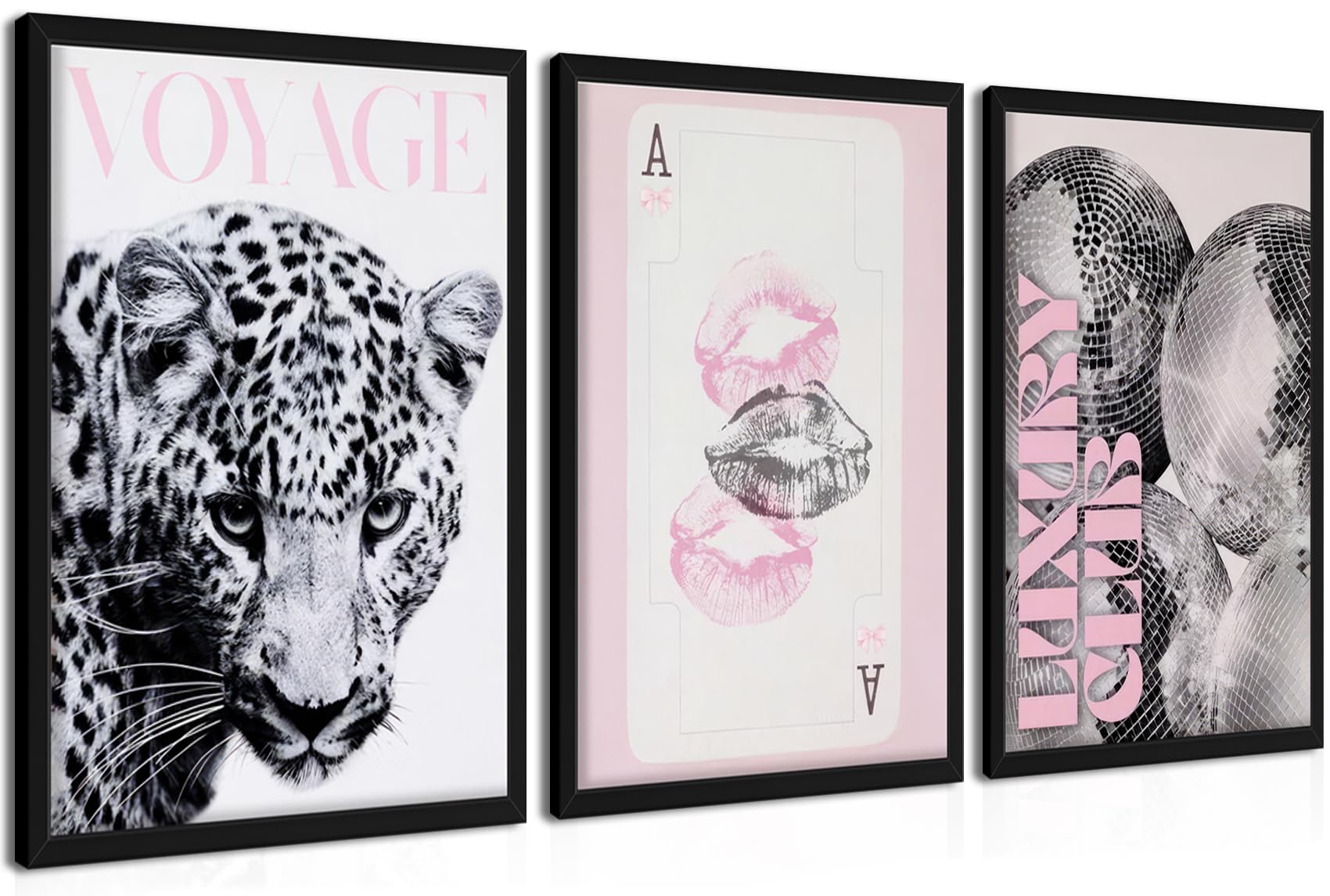 Pink Cheetah Wall Art Set of 3, Y2K Trendy Leopard Canvas Wall Decor Paintings, Preppy Black and White Cheetah Disco Posters Prints Pictures for Girly Room Bedroom Dorm 12x16 Inch Wood Framed
