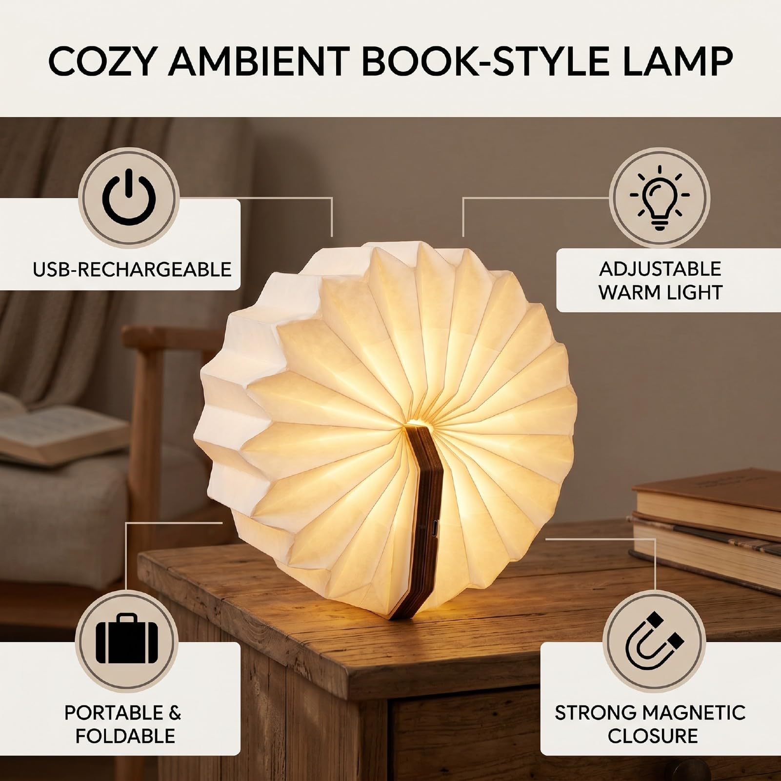 Lampada da Lettura Legno Fisarmonica Ricaricabile Luce Calda 3000K-3500K