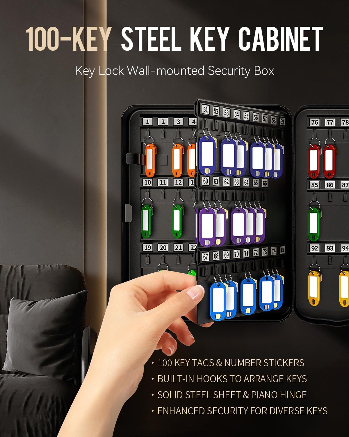 Uniclife 100 Position Key Cabinet with Key Lock Wall Mounted Black Security Storage Box Steel Key Organizer with Colorful Key Tag Labels Stickers and Hooks