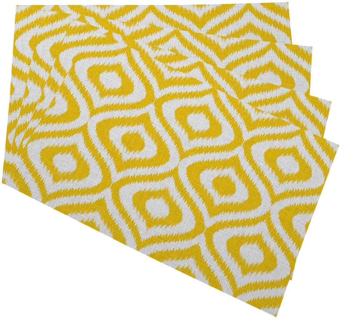 Mugod Yellow Geometric Placemats Seamless Retro Background in Modern Ikat Pattern Decorative Heat Resistant Non-Slip Washable Place Mats for Kitchen Table Mats Set of 4 12"x18"