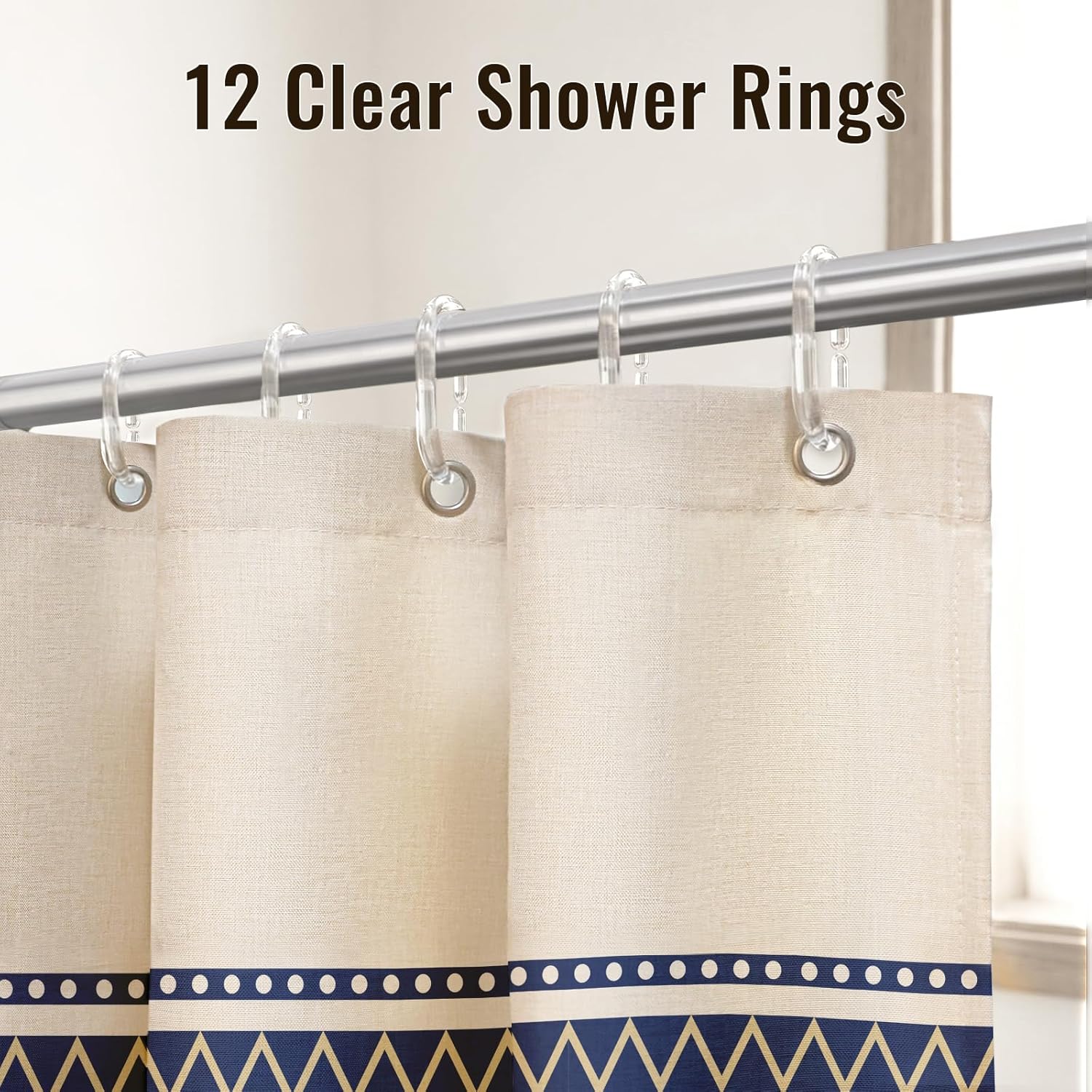 Boho Farmhouse Shower Curtain with 12 Clear Rings, Rustic Fabric Faux Linen Shower Curtain Set with Tassels, Beige & Navy Blue Striped Shower Curtain for Bathroom 72" W x 84" L