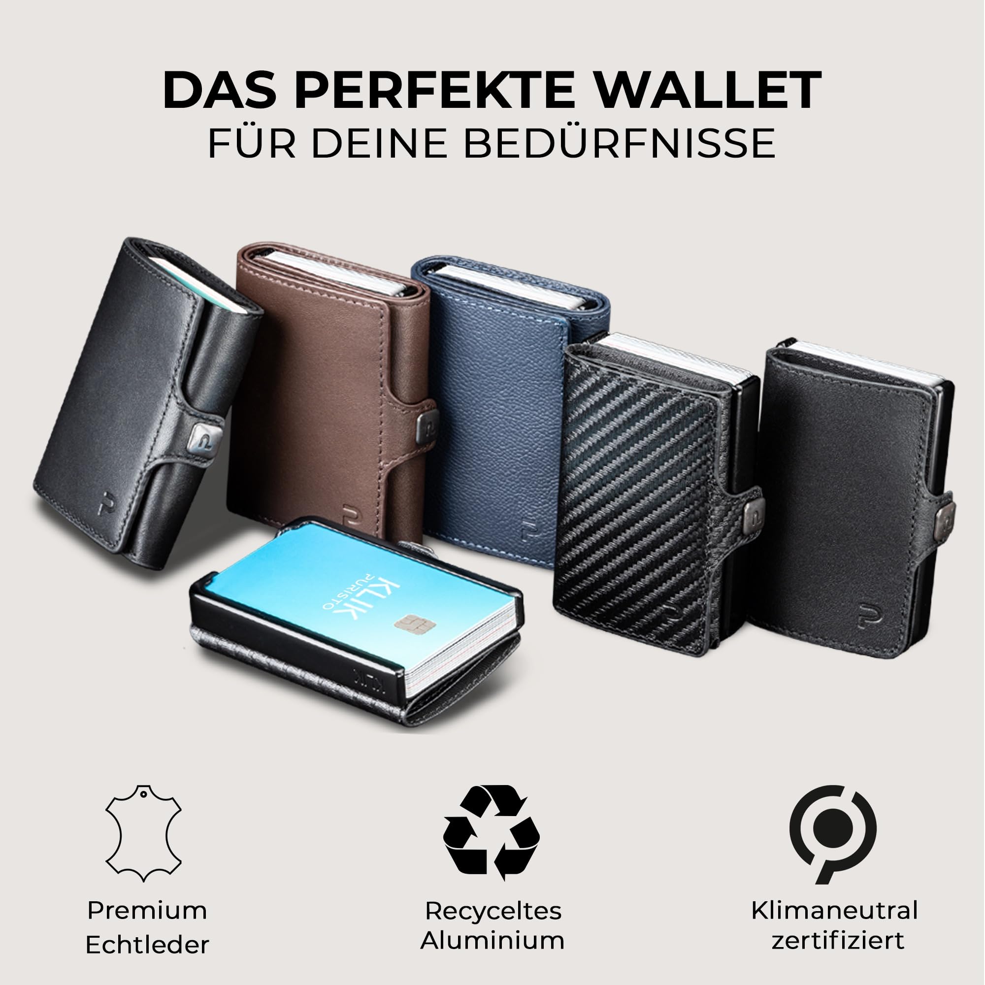 KLIK Classic Slim Wallet mit Münzfach - Mini-Geldbörse für Herren aus Echtleder - Kleines Kartenetui mit RFID-Schutz für 10-14 Karten - Carbon