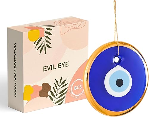 BCS Adorno para colgar en la pared de 3.5 pulgadas de color azul y dorado, adorno de cristal hecho a mano turco griego Nazar, amuleto de buena