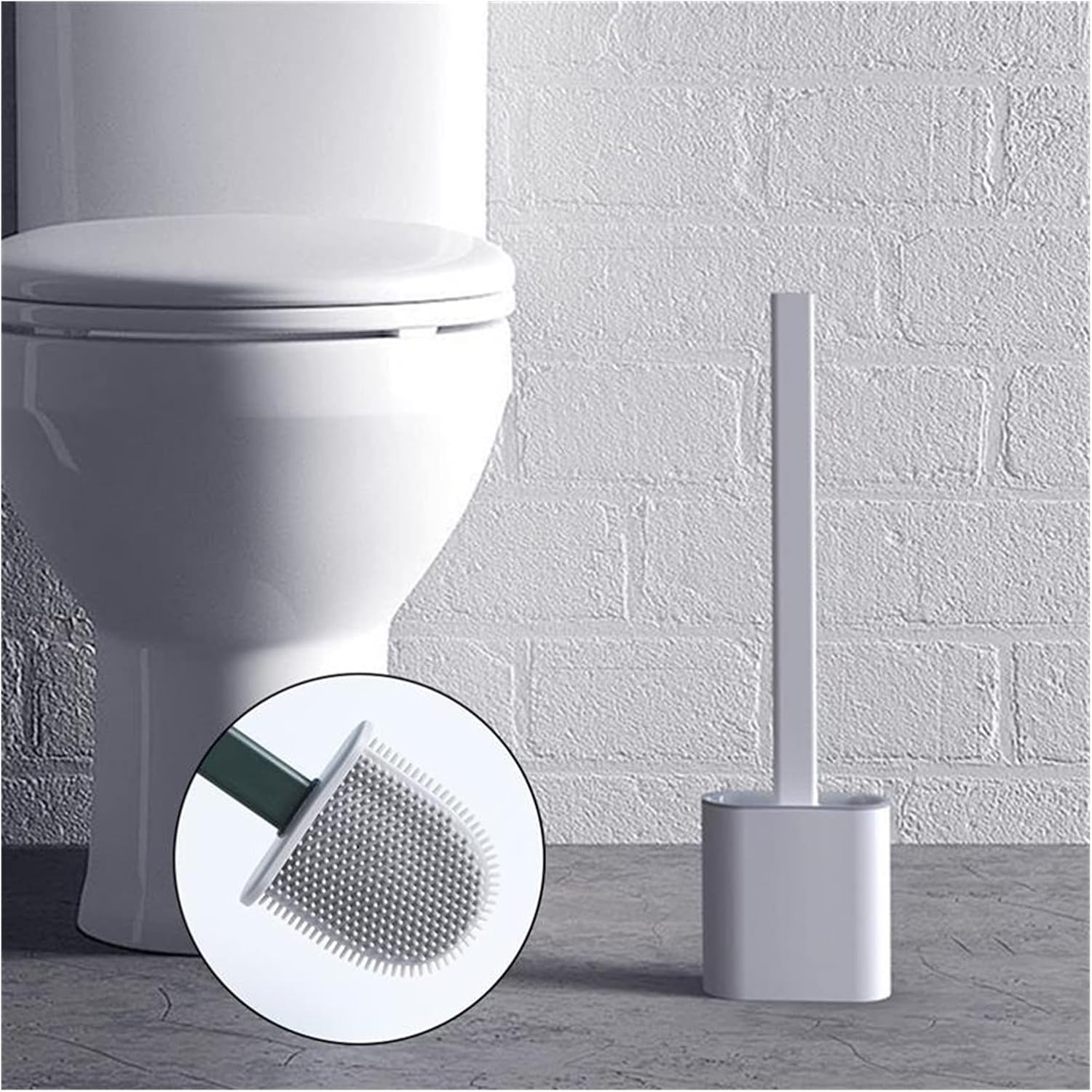 Silicone Toilet Brush with Base Rubber Head Holder Creative Cleaning Brush Set Durable Bathroom Cleaing Tool Accessories Toilet Brush Holder(White)