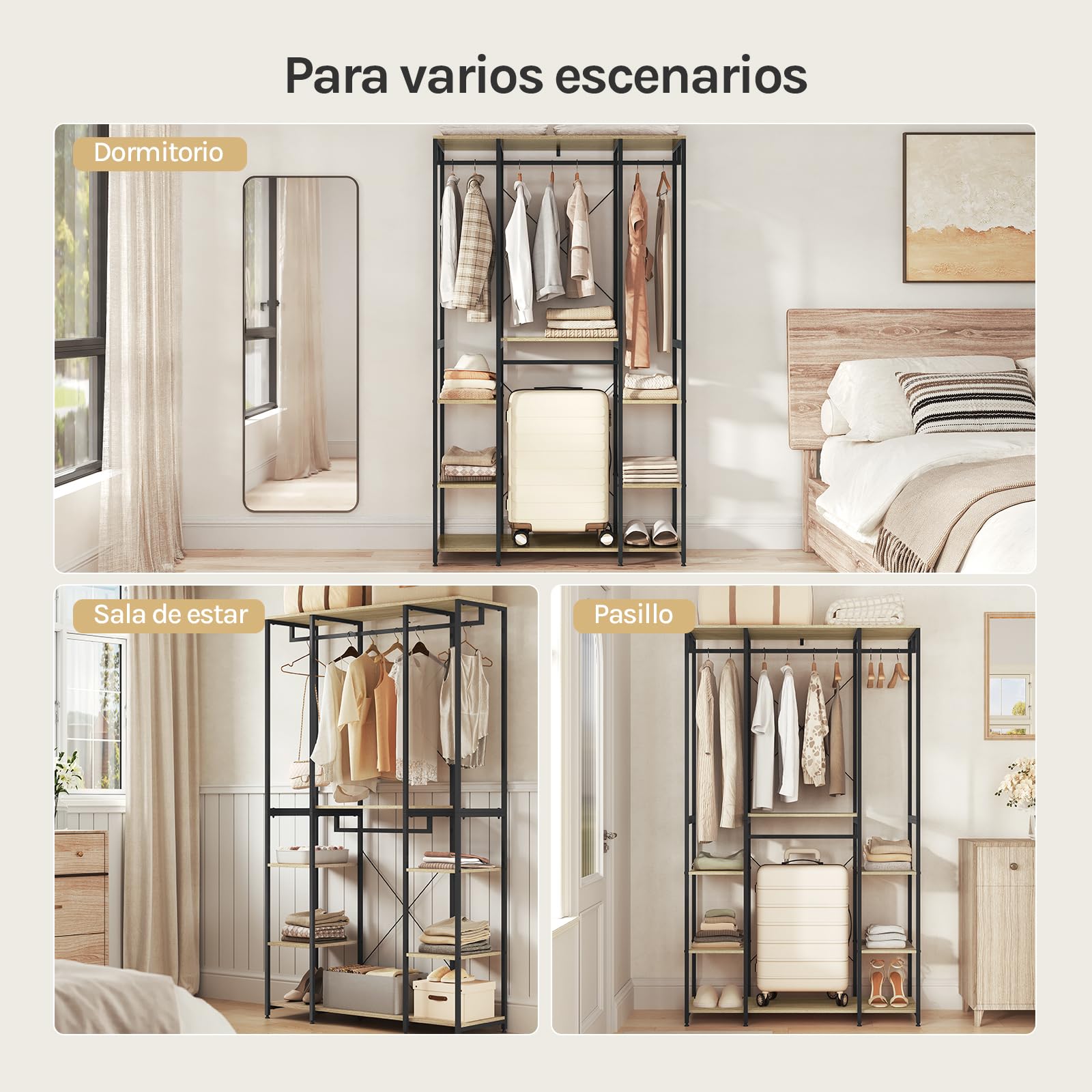 WOLTU Perchero Armario Burro Ropa Perchero Zapatero con 6 Estante Multiusos Fuerte Metal y Madera de Estilo Industrial Roble Claro+Negro