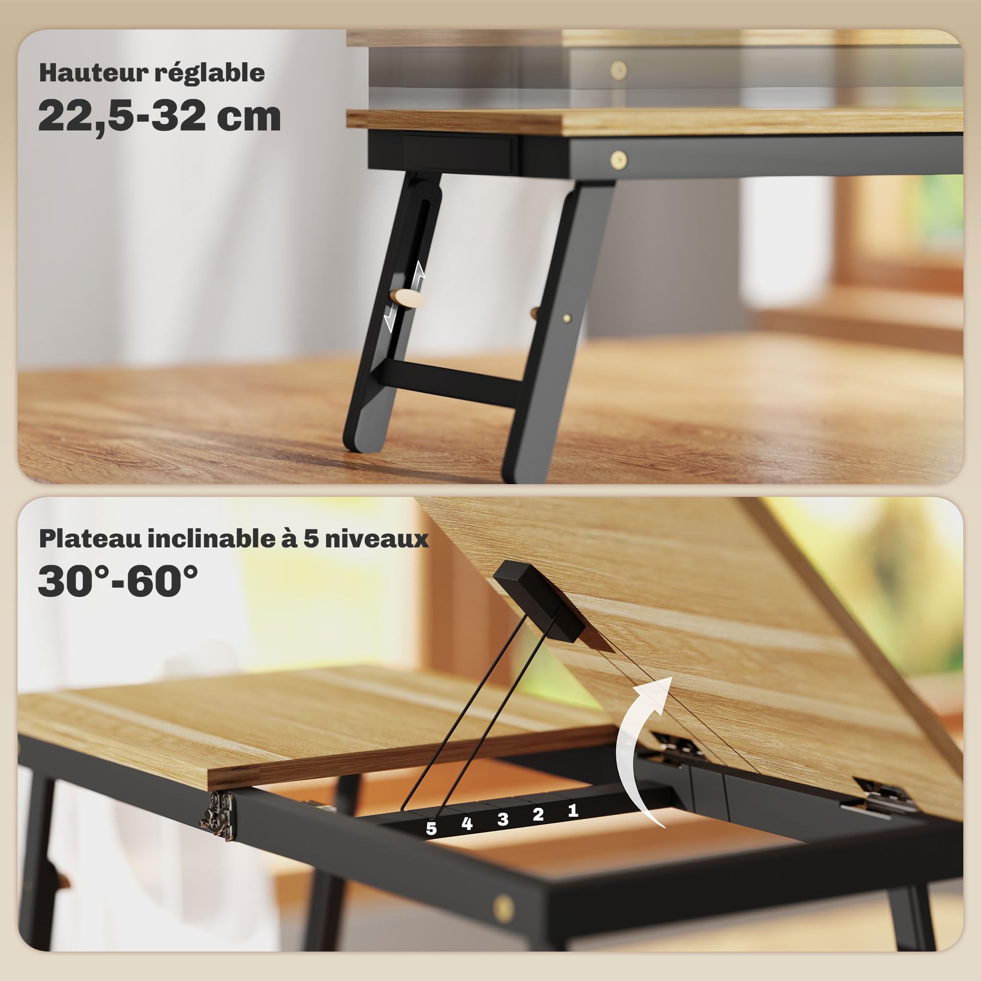 HOMCOM Składany i regulowany stolik na łóżko, blat łóżka na laptopa z półką, szufladą, bambusowe biurko do łóżka, 86 l x 33P x 22,5-32H cm, dąb