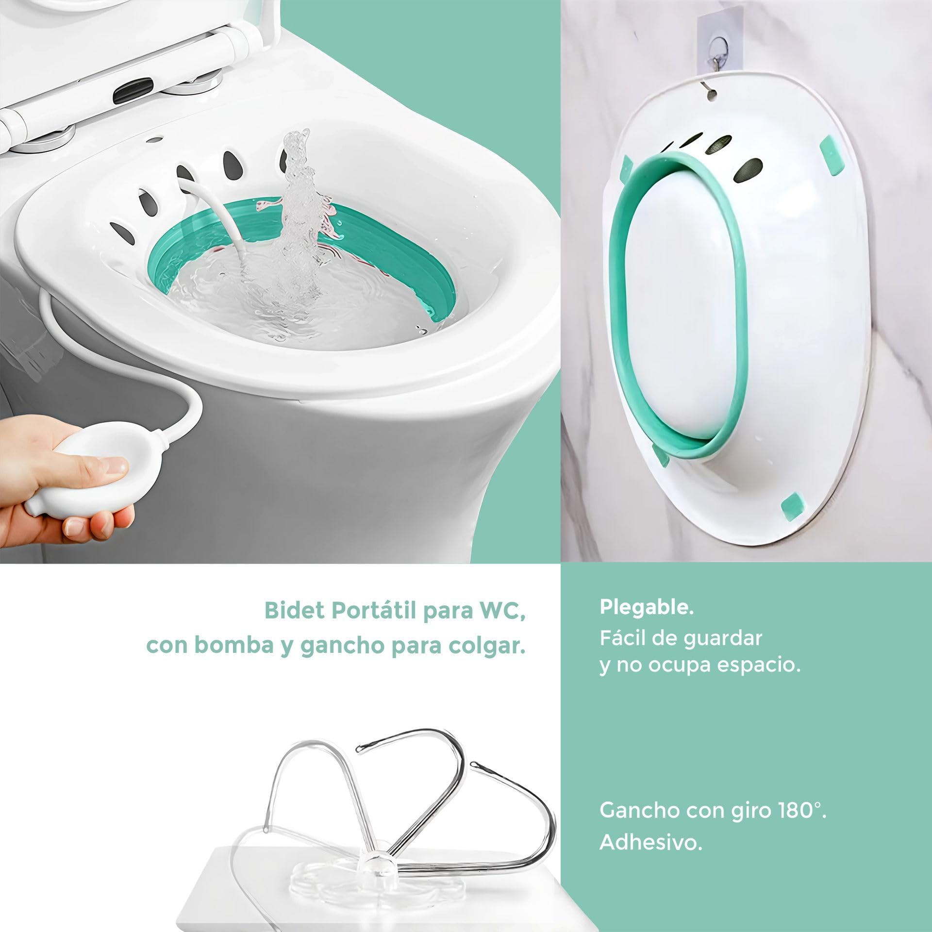 Bidet Portátil para el WC con Bomba y Gancho –,Baño de asiento para inodoro, Antideslizante, Soporta 130 kg, Diseño Ergonómico, Hemorroides, Embarazadas, cuidado postparto-Tratamiento Del Perineo