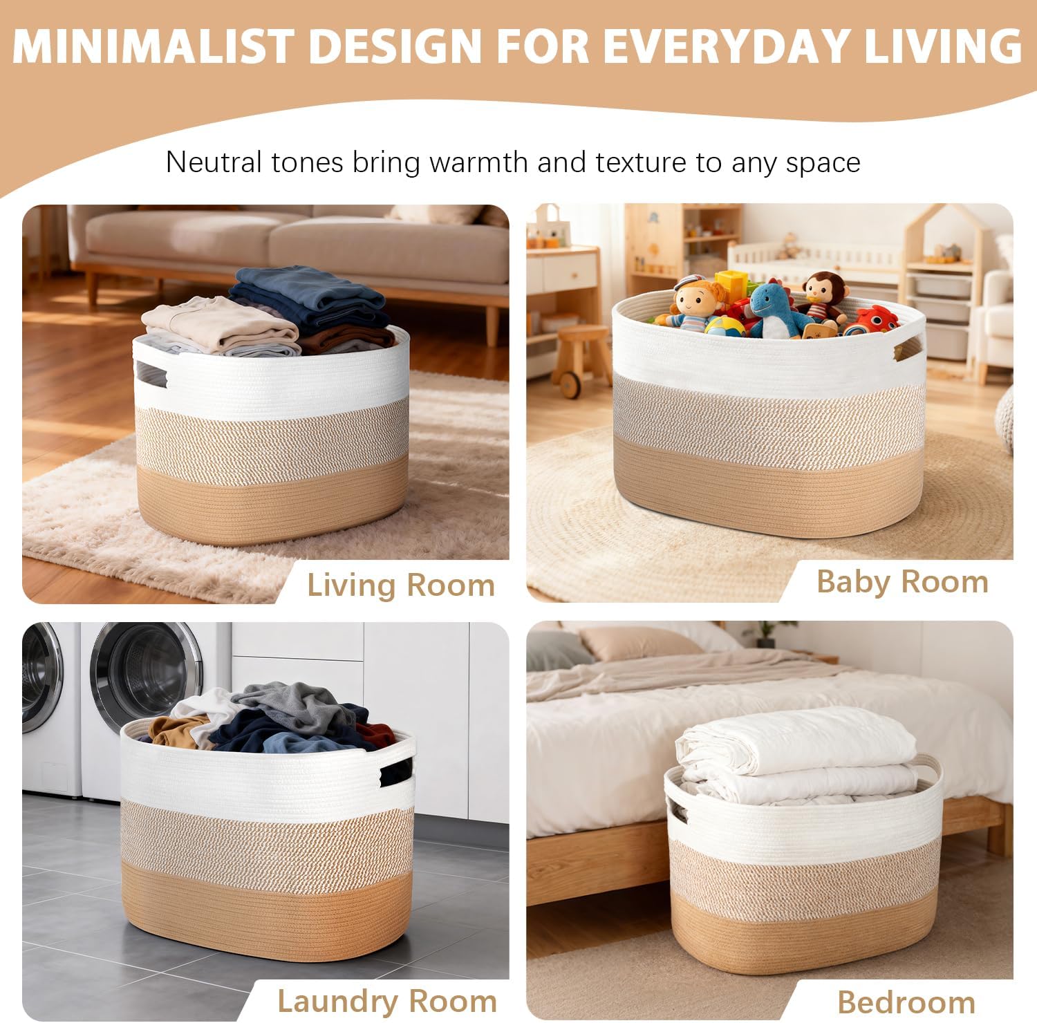 120L Extra Large Blanket Basket, XXXL Woven Cotton Rope Storage Basket for Pillows, Clothes & Laundry, Oversized Toy Storage Basket with Handles for Living Room, Kids Room & Bedroom (Khaki/White)