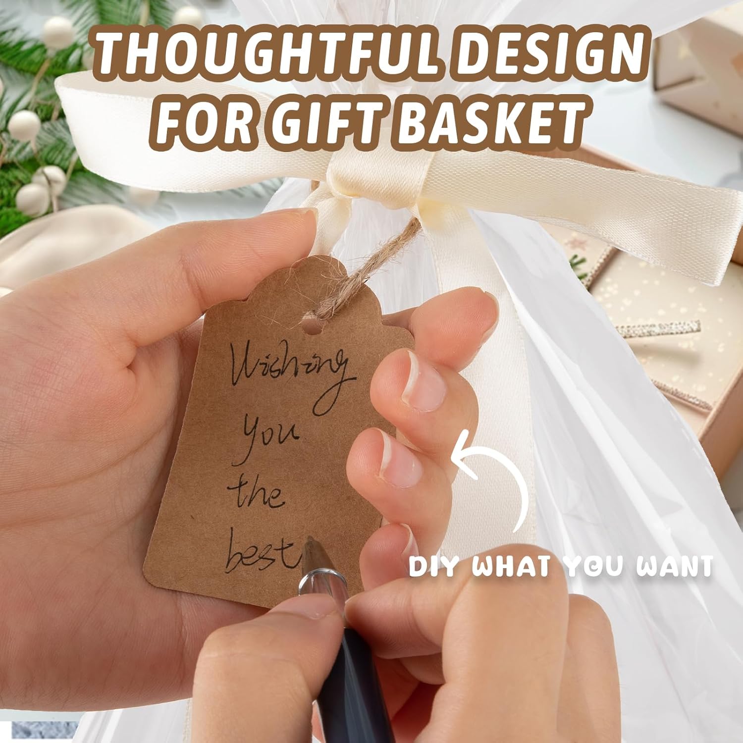 OIAHOMY Small Woven Basket with Gift Bags, Ribbons & DIY Label Card, Baskets for Gifts Empty, Small Rope Basket 12 * 8 * 5IN, Cute Decorative baskets with Handles for Baby Pets, Toys, Pink - Image 7