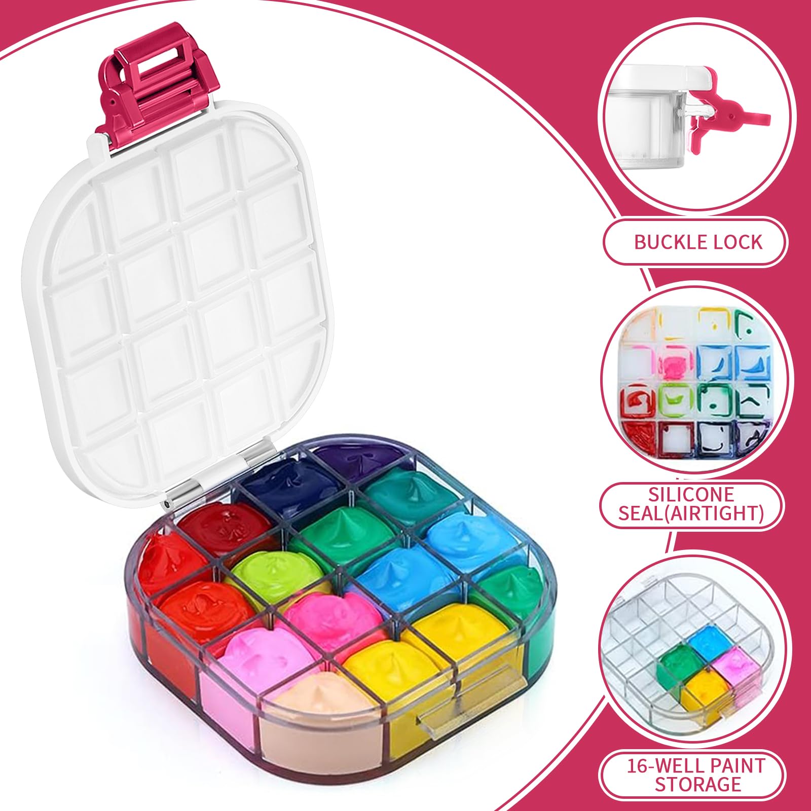 Yeaqee Lot de 4 palettes de peinture hermétiques à 16 emplacements avec couvercle - Rangement vide pour aquarelle, gouache, peinture à l'huile - Fournitures cadeaux pour la rentrée scolaire (rouge)