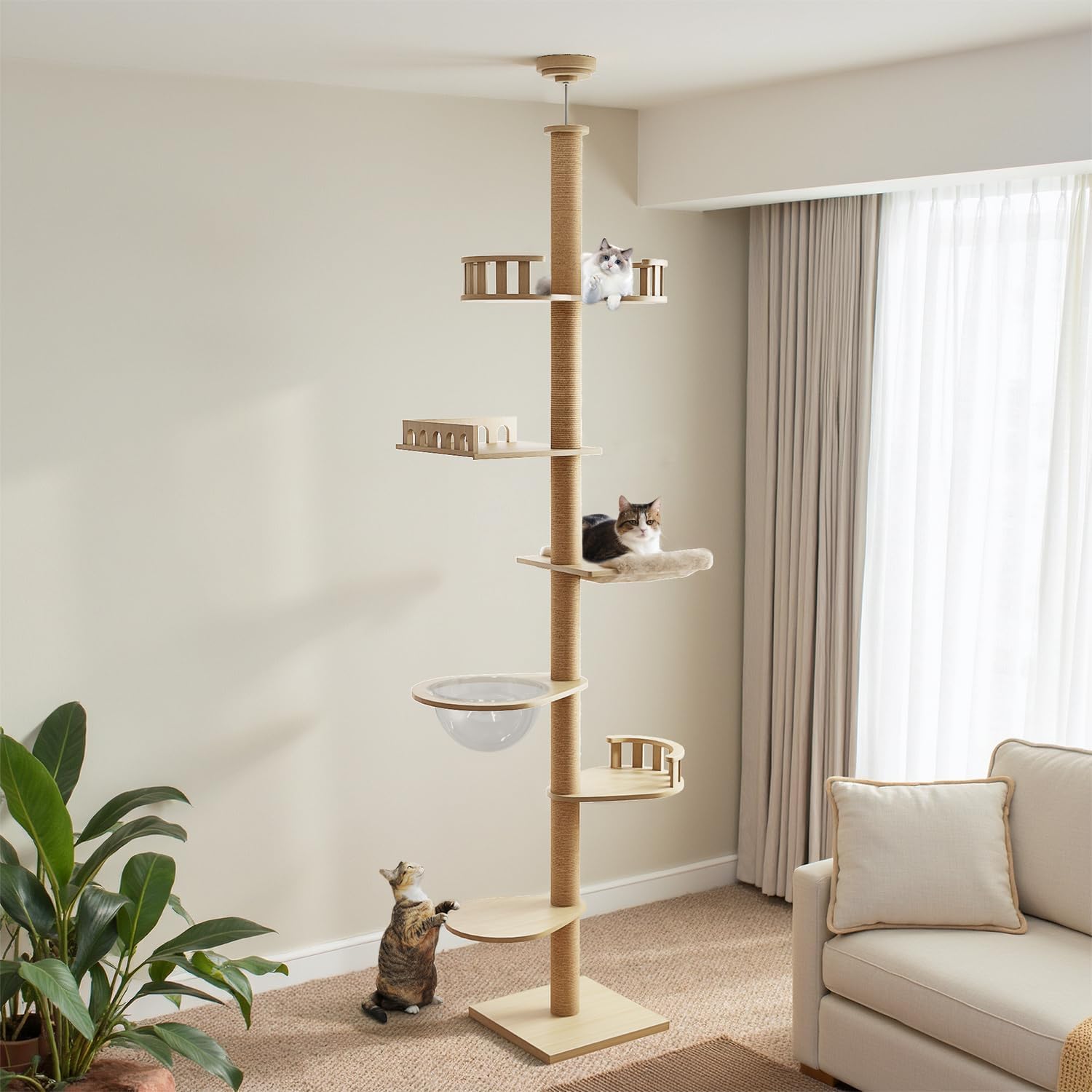 Erinnyees Cat Tree, Floor to Ceiling Cat Tree Height (86-105 in) Adjustable Cat Tower 6 Tier Hemp Scratching Post Cats Activity Center Removable Washable Pads