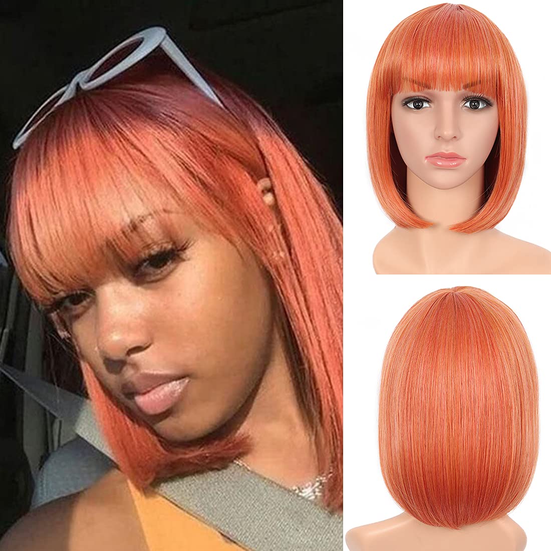 Sotica 12 Inches Short Straight Bob Wigs with Bangs Yaki Synthetic Natural Looking Heat Resistant Full Bob Hair Wigs for Women Girls (Ormix)