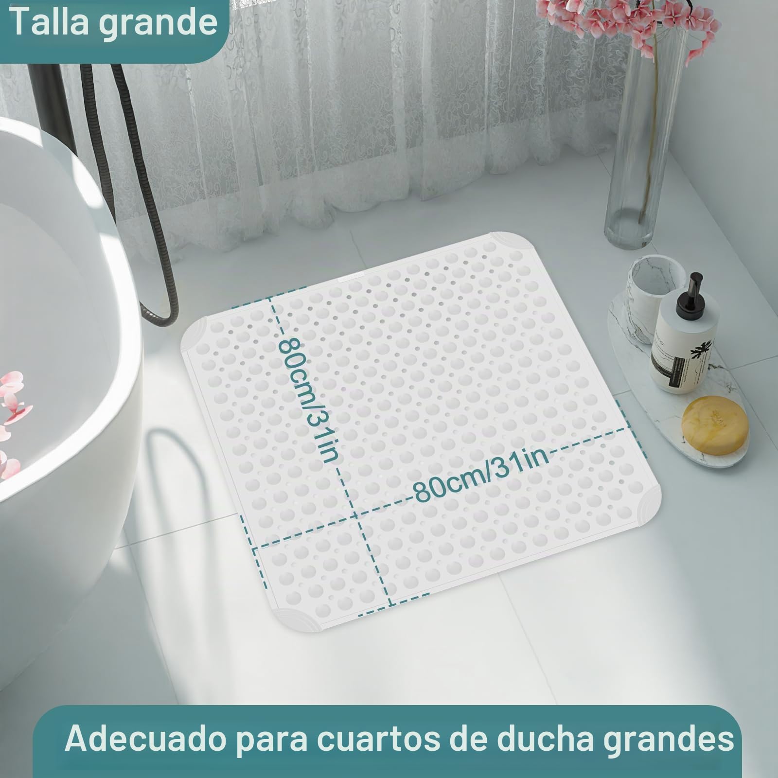 Alfombrilla de Ducha Antideslizante de 80 x 80 cm, Blanco | Inserto de Ducha de TPE Suave con Orificios de Drenaje y Ventosas, Lavable a Máquina, para Salas de Masaje, Saunas y Duchas
