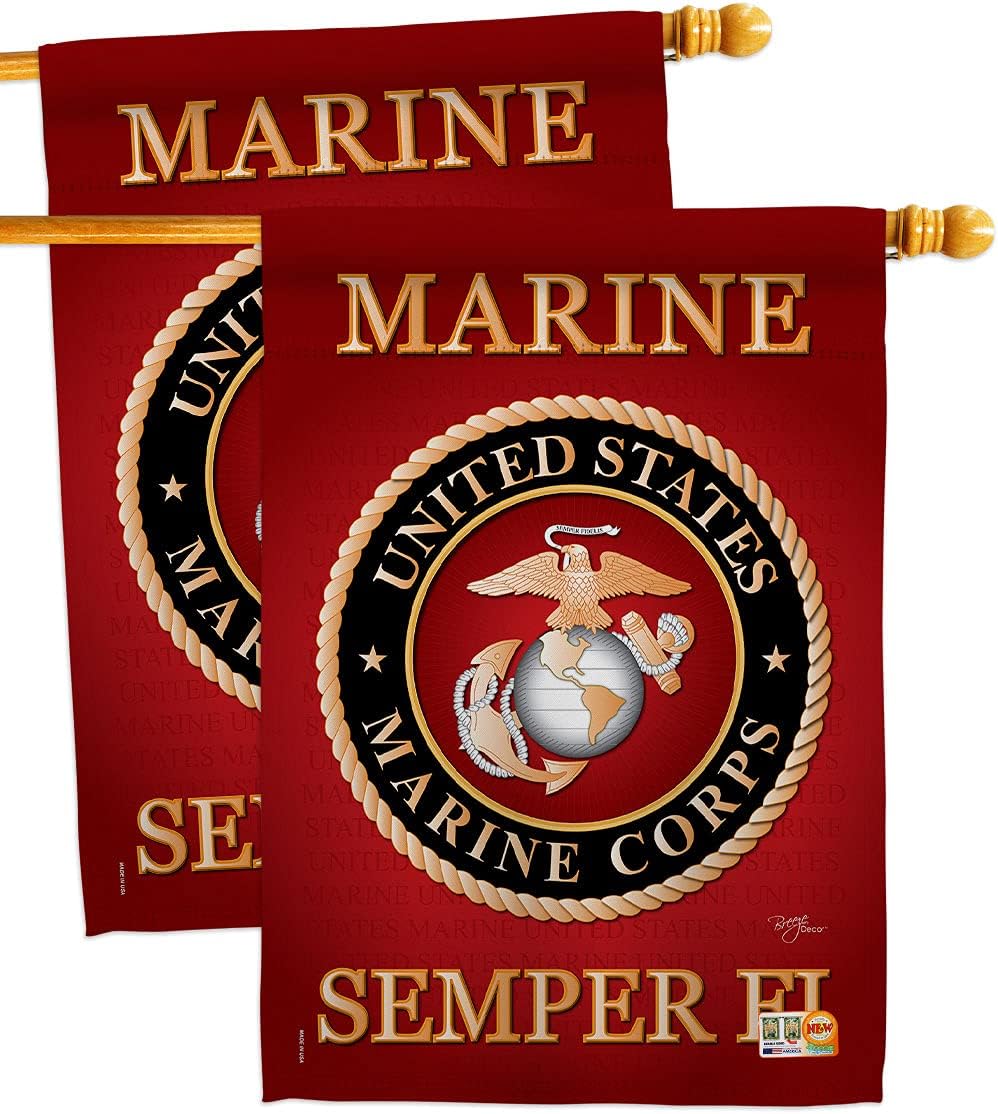 Marine Corps House Flag - 2 pcs Pack Armed Forces USMC Semper Fi United State American Military Veteran Retire Official - Decoration Banner Small Garden Yard Gift Double-Sided Made in USA 28 X 40