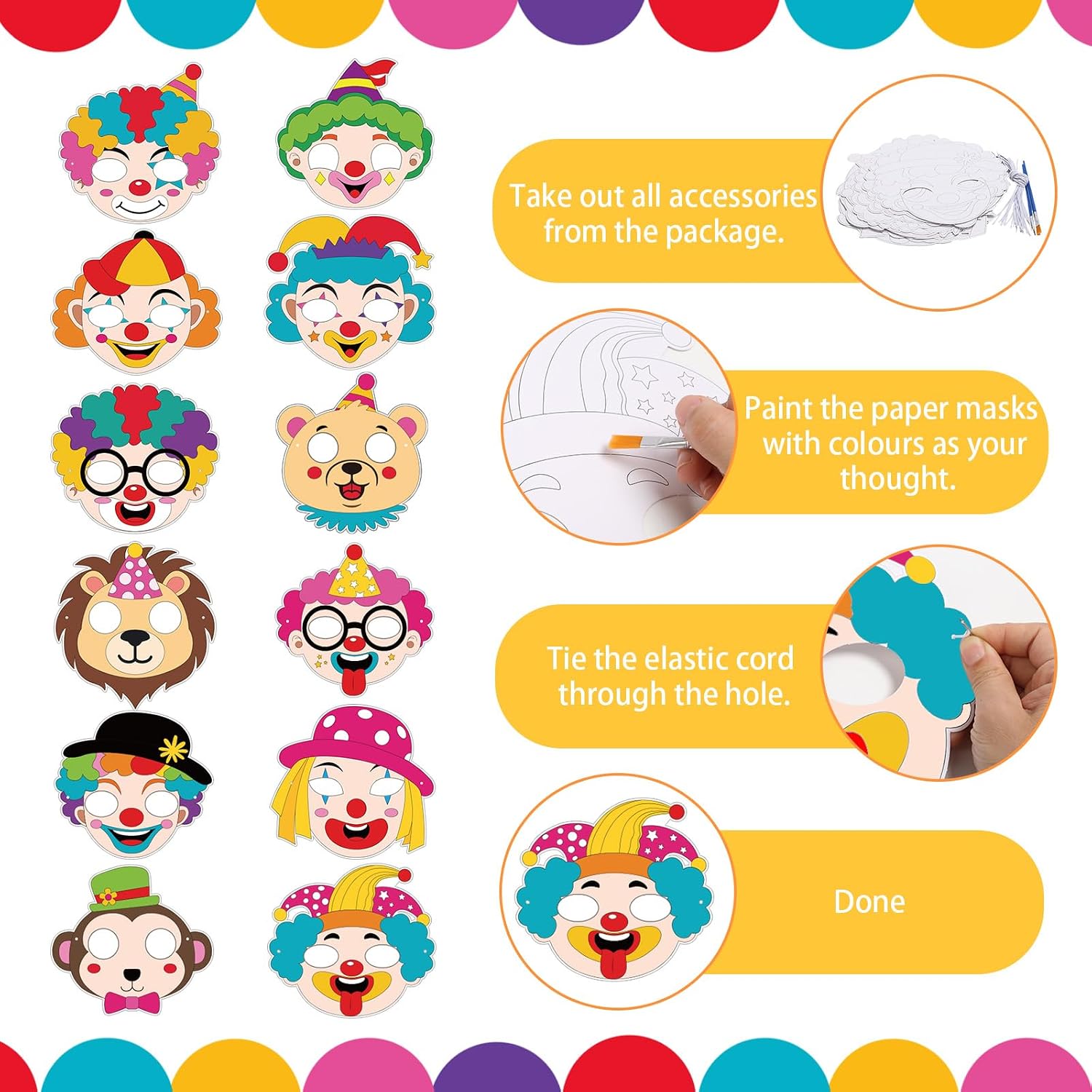 24 Pcs Circus Craft for Kids Summer Class Color Your Own Clown Mask | DIY Coloring Arts and Crafts for Circus Party Supply Birthday Carnival Summer School Craft Costume Cosplay Dress Up Activity