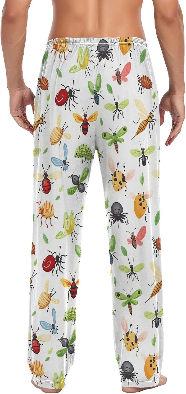 Beetles Colorful Bugs Pajama Pants Funny Animals Men's Pajama Bottoms Lounge Sleepwear PJs Casual Lightweight Sleep Pants M