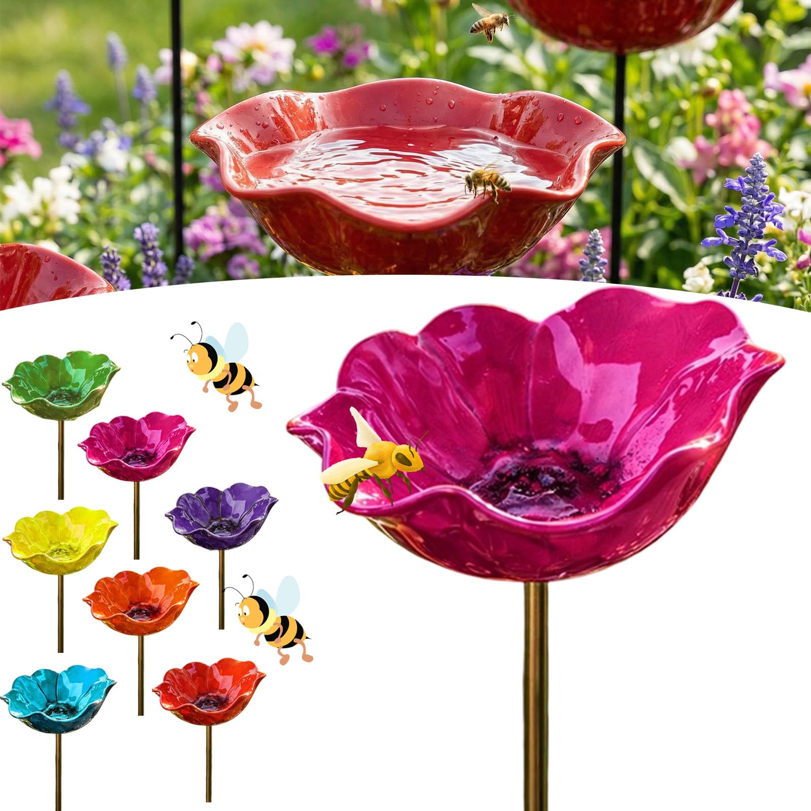 Flower Bee Watering Station, Handmade Metal Ceramic Flowers Bee Bath for Garden, 60cm Metal Bee Water Feeder, Stake Bird Bath for Yard Decor, Decorative Garden Stakes (1PC-F)