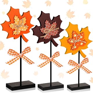 3 Pcs Large Fall Maple Leave Wooden Sign Table Centerpiece Fall Home Decor | Maple Leave Tall Standing Wooden Block Autumn Thanksgiving Table Sign for Fall Tiered Tray Home Desk Office Decor