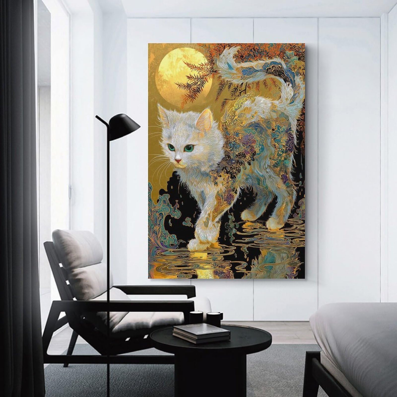 Junmoney Canvas Wall Decor Ornate Cat Under Moonlight, 24x36inch(60x90cm), for Restful Interiors, Bedrooms Or Small Rooms, Canvas Wall Decor for Personal Spaces