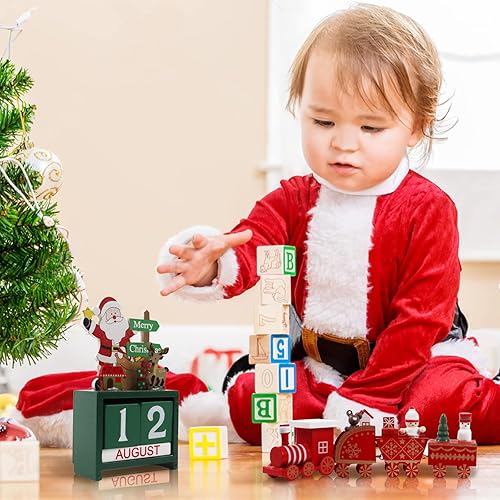 Miniatura 3 de Calendario de Adviento navideño con bloques de cuenta regresiva con número de madera adorno de tren de madera de Navidad decoración de Navidad para