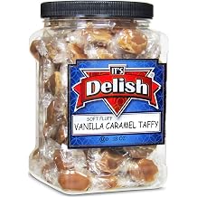 Gourmet Vanilla Caramel Taffy by Its Delish 26 OZ Jumbo Container Jar Individually Wrapped Handcrafted Soft Brown Candy Delicious Chewy snake for Offices, Homes & parties